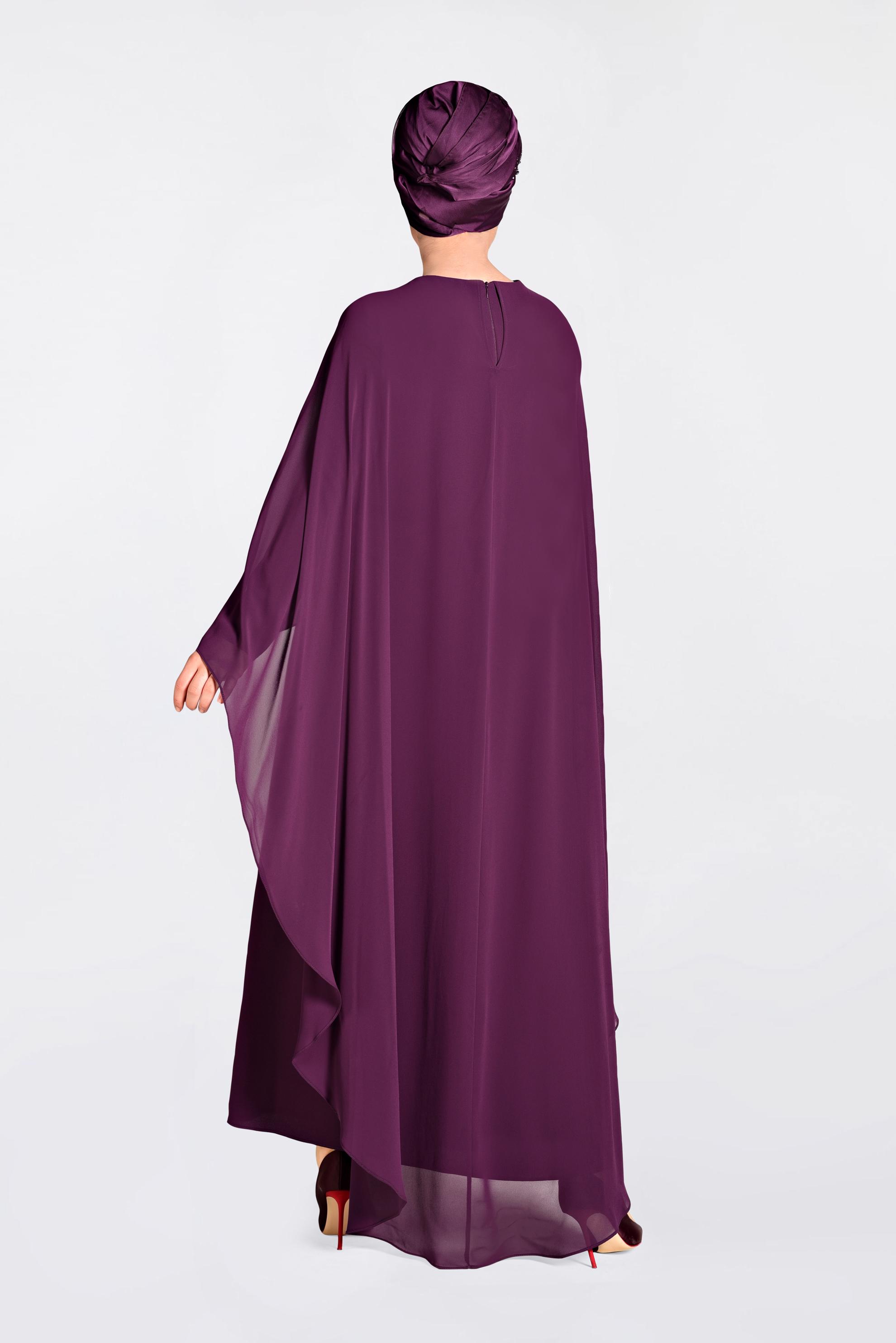 Tesettür giyim MOR İŞLEMELİ PELERİN ABİYE ELBİSE 5524 