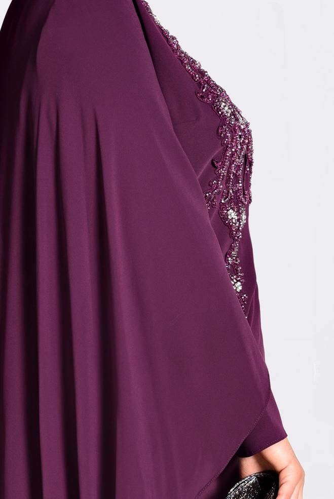 Tesettür giyim MOR İŞLEMELİ PELERİN ABİYE ELBİSE 5524  - ALVİNA