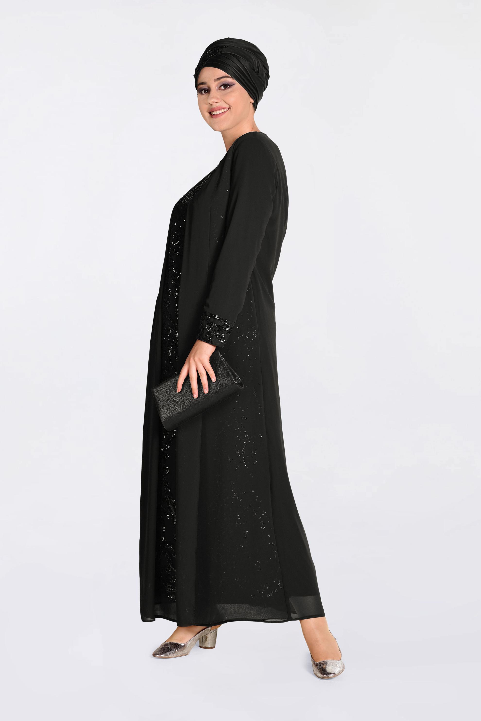 Tesettür giyim SİYAH PUL PAYET İŞLEMELİ ŞİFON ABİYE ELBİSE 5533 