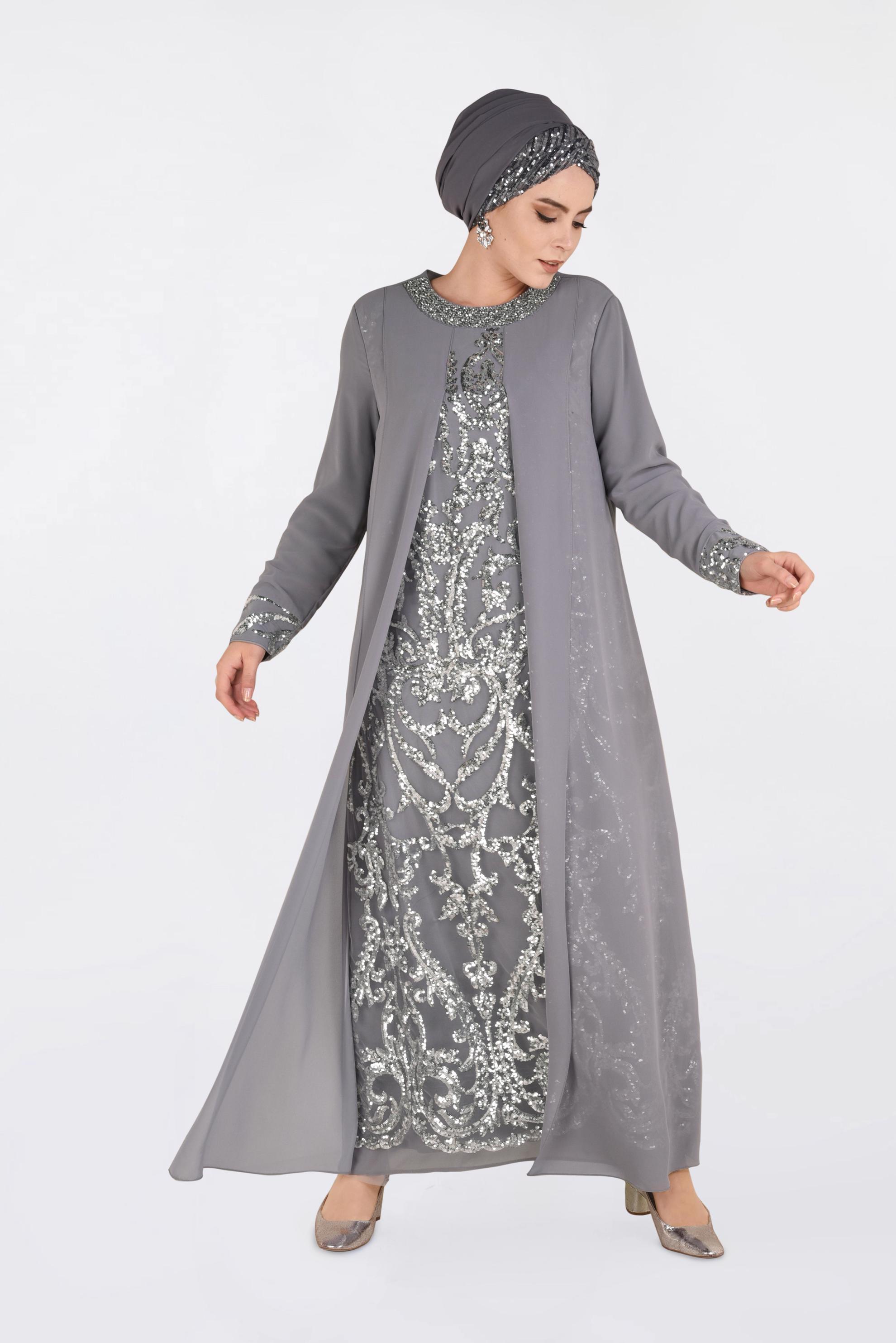 Tesettür giyim GRİ PUL PAYET İŞLEMELİ ŞİFON ABİYE ELBİSE 5533 