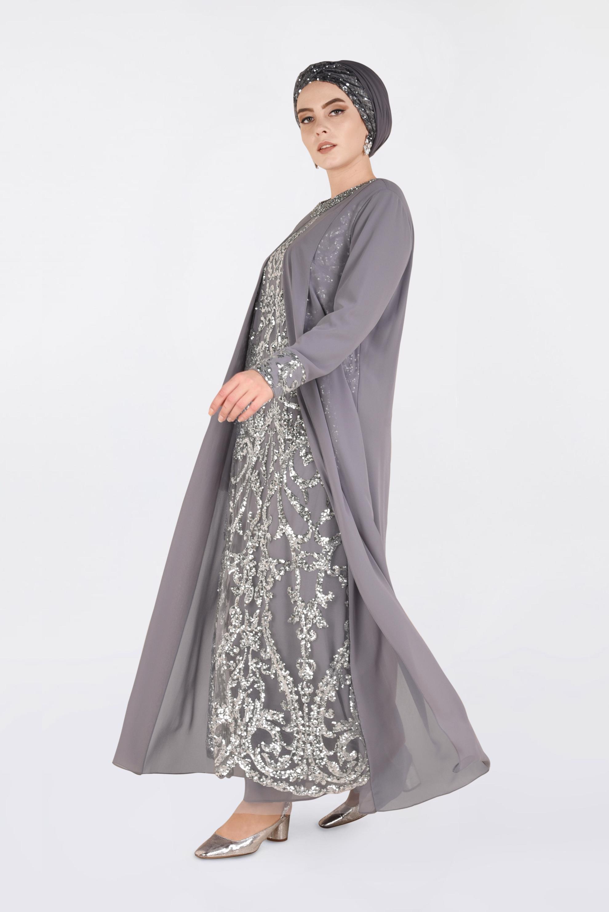 Tesettür giyim GRİ PUL PAYET İŞLEMELİ ŞİFON ABİYE ELBİSE 5533 