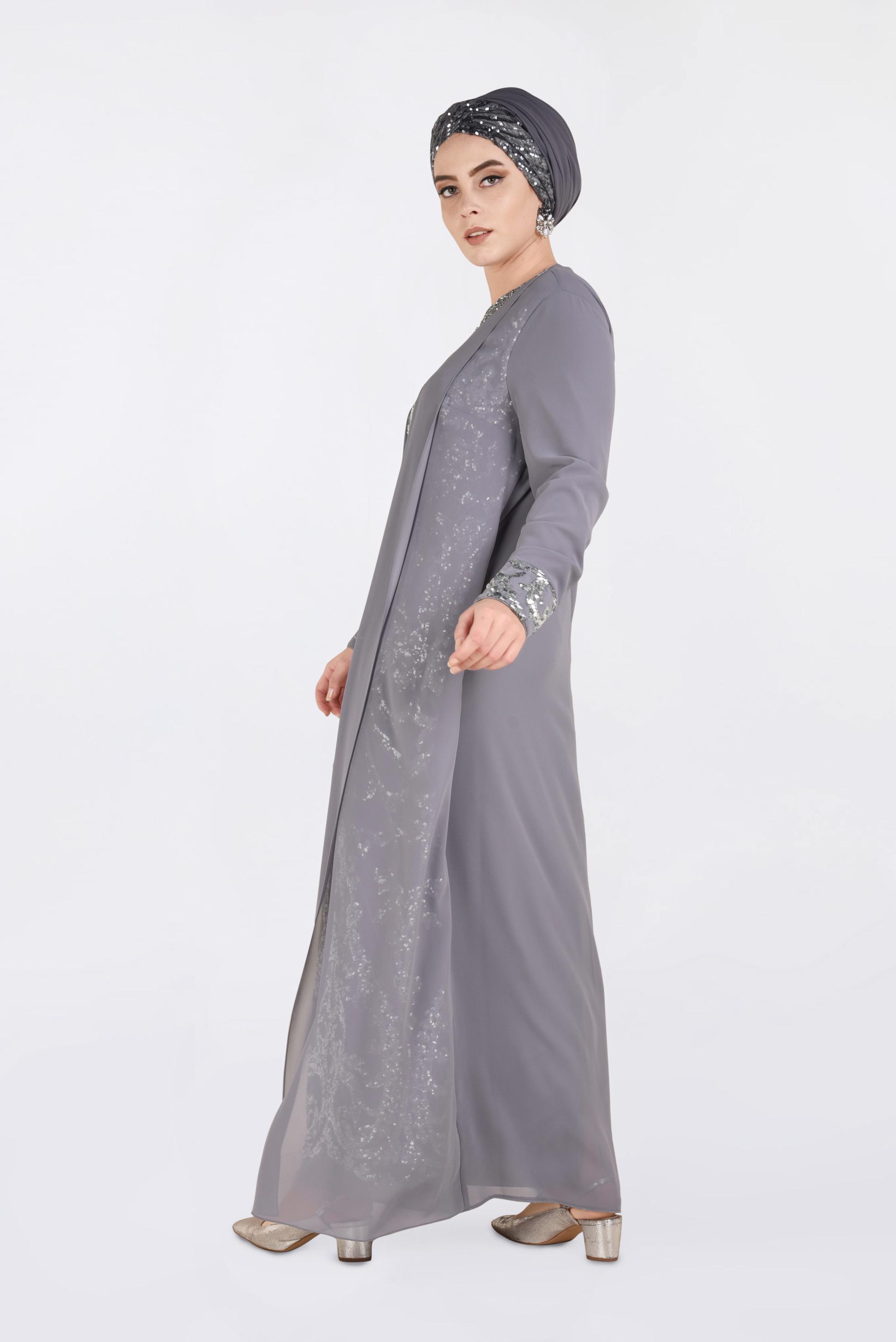 Tesettür giyim GRİ PUL PAYET İŞLEMELİ ŞİFON ABİYE ELBİSE 5533 