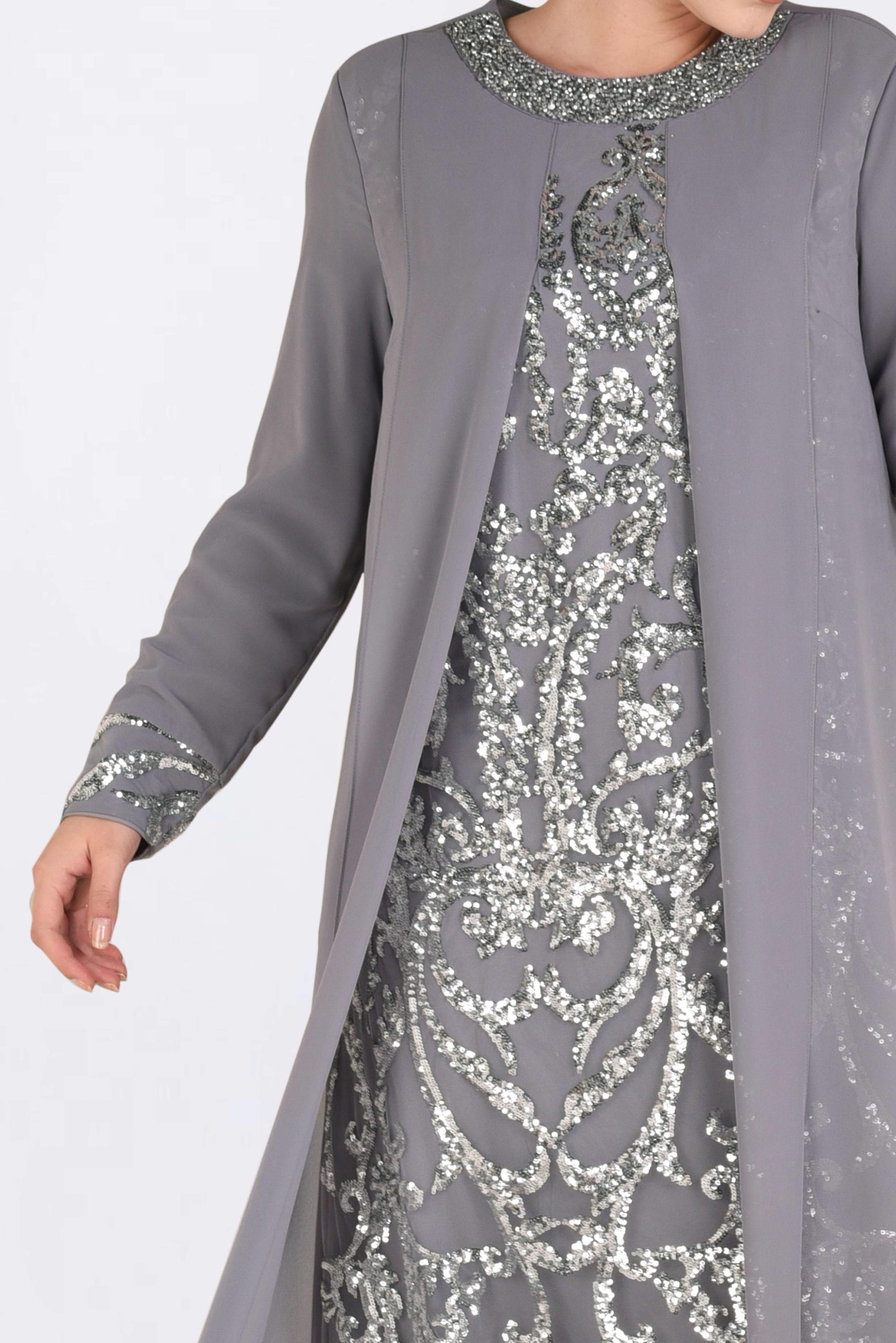 Tesettür giyim GRİ PUL PAYET İŞLEMELİ ŞİFON ABİYE ELBİSE 5533 