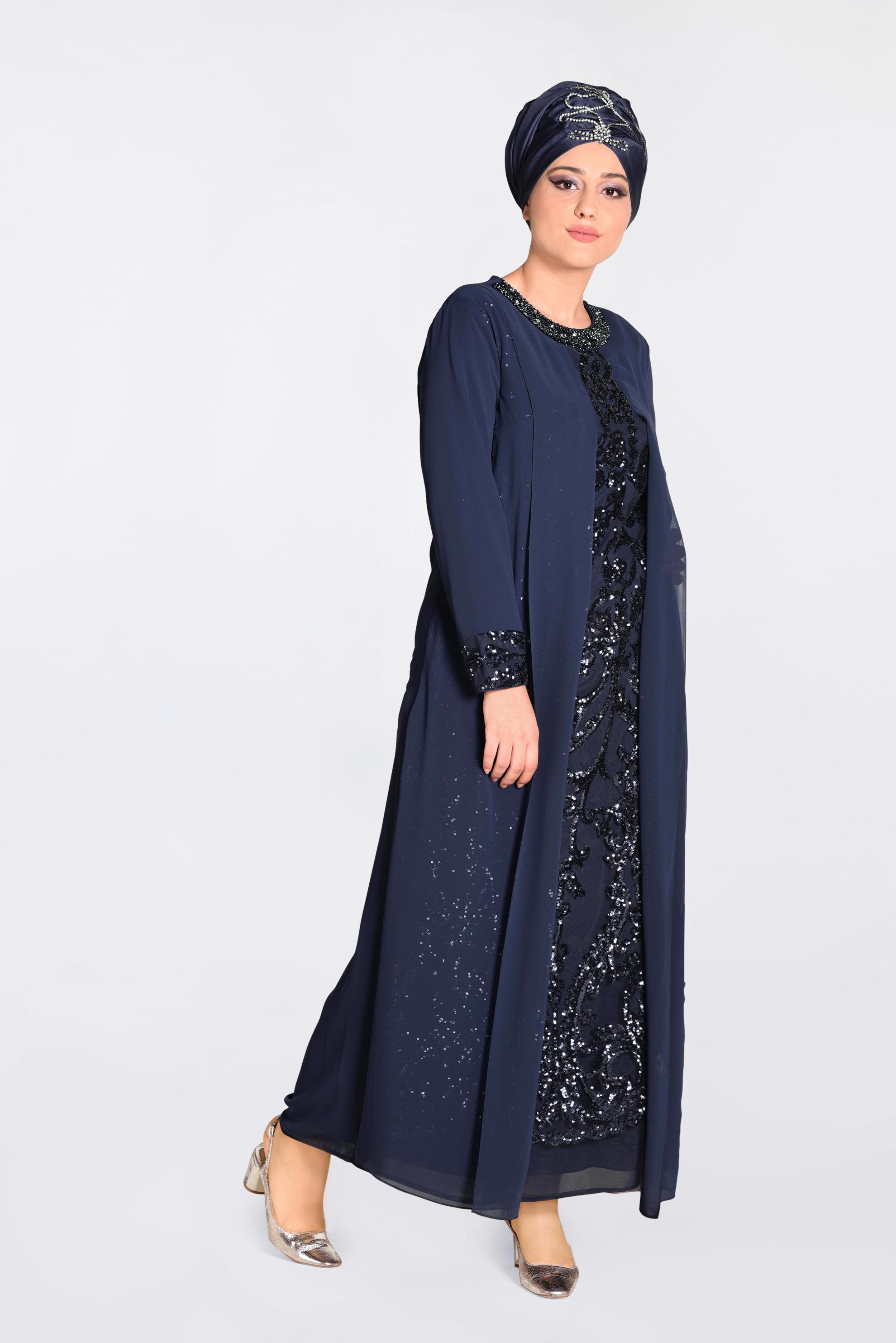 Tesettür giyim LACİVERT PUL PAYET İŞLEMELİ ŞİFON ABİYE ELBİSE 5533 