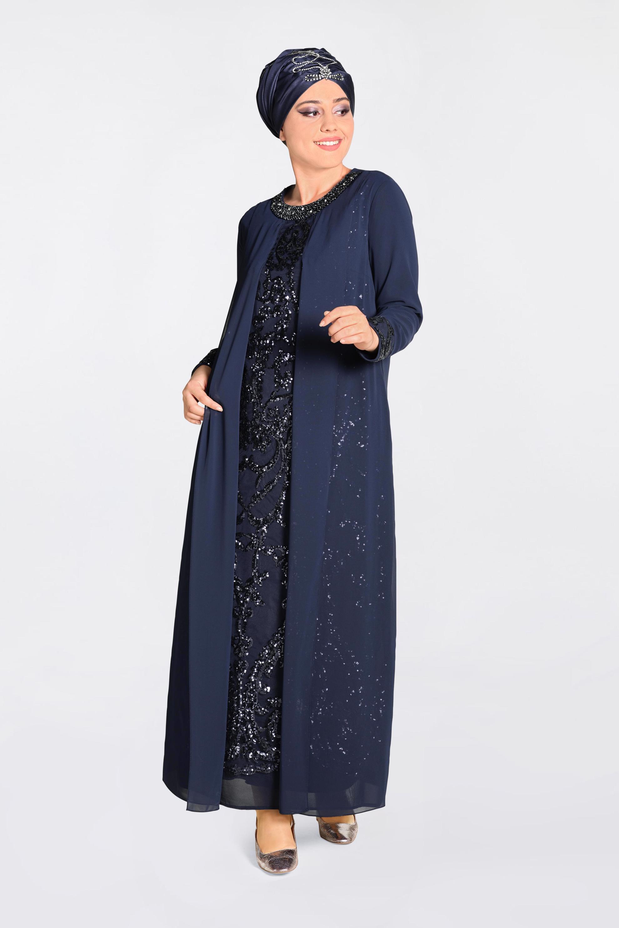 Tesettür giyim LACİVERT PUL PAYET İŞLEMELİ ŞİFON ABİYE ELBİSE 5533 