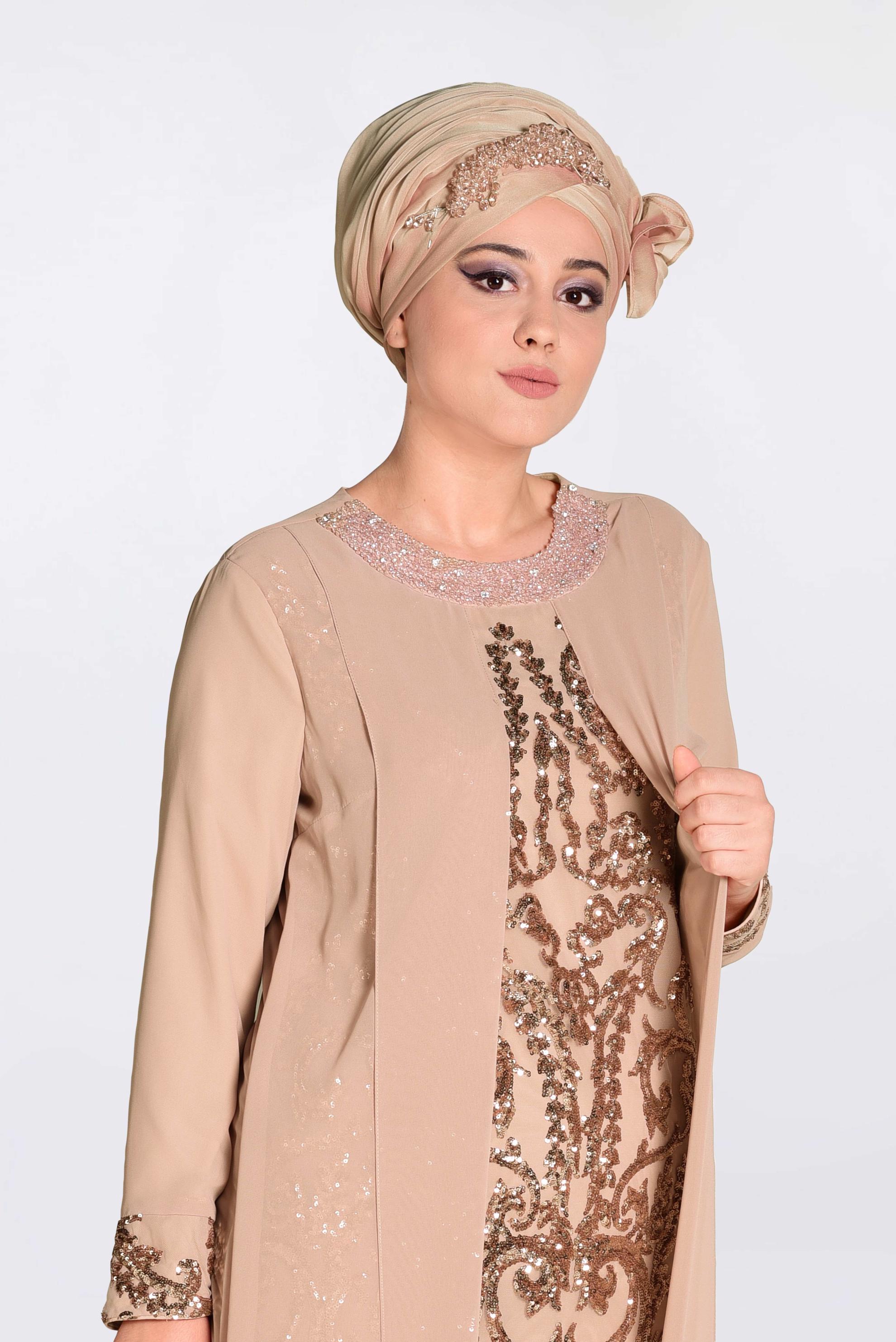 Tesettür giyim PUDRA PUL PAYET İŞLEMELİ ŞİFON ABİYE ELBİSE 5533 