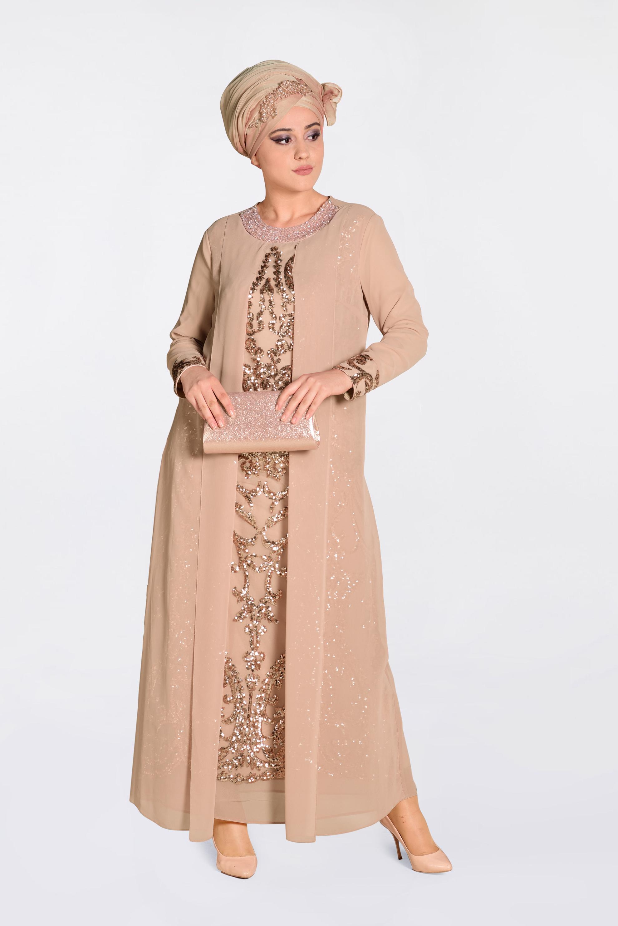 Tesettür giyim PUDRA PUL PAYET İŞLEMELİ ŞİFON ABİYE ELBİSE 5533 
