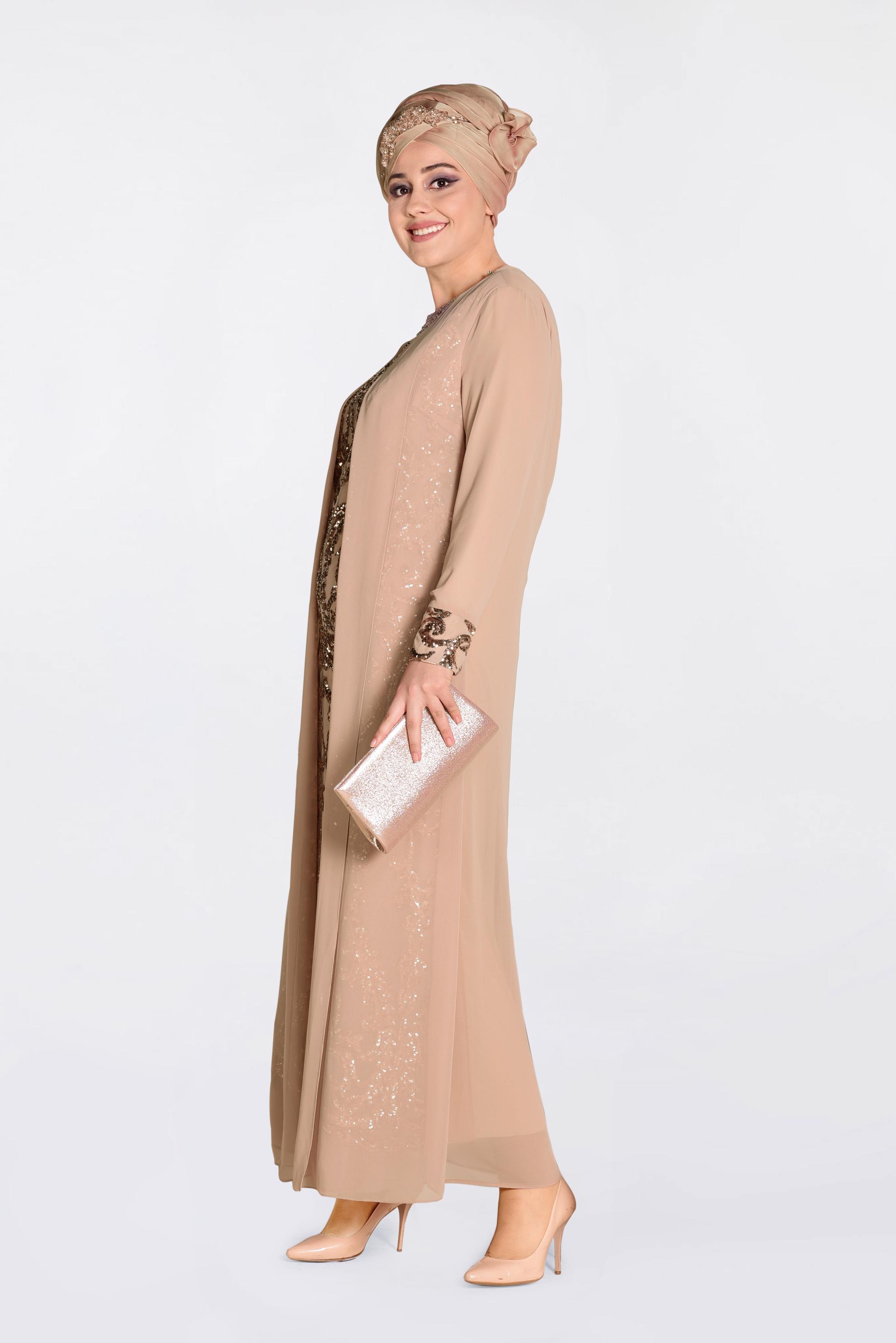 Tesettür giyim PUDRA PUL PAYET İŞLEMELİ ŞİFON ABİYE ELBİSE 5533 