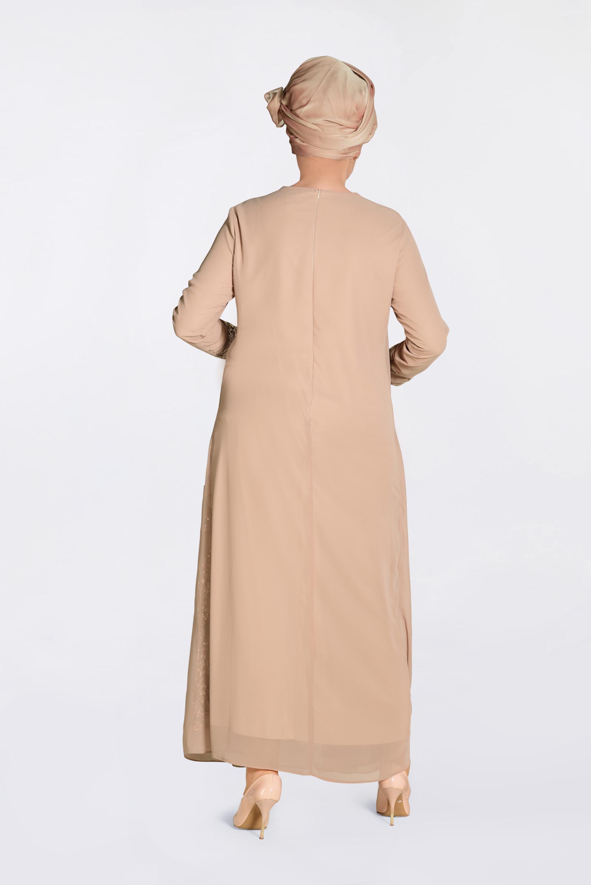 Tesettür giyim PUDRA PUL PAYET İŞLEMELİ ŞİFON ABİYE ELBİSE 5533 