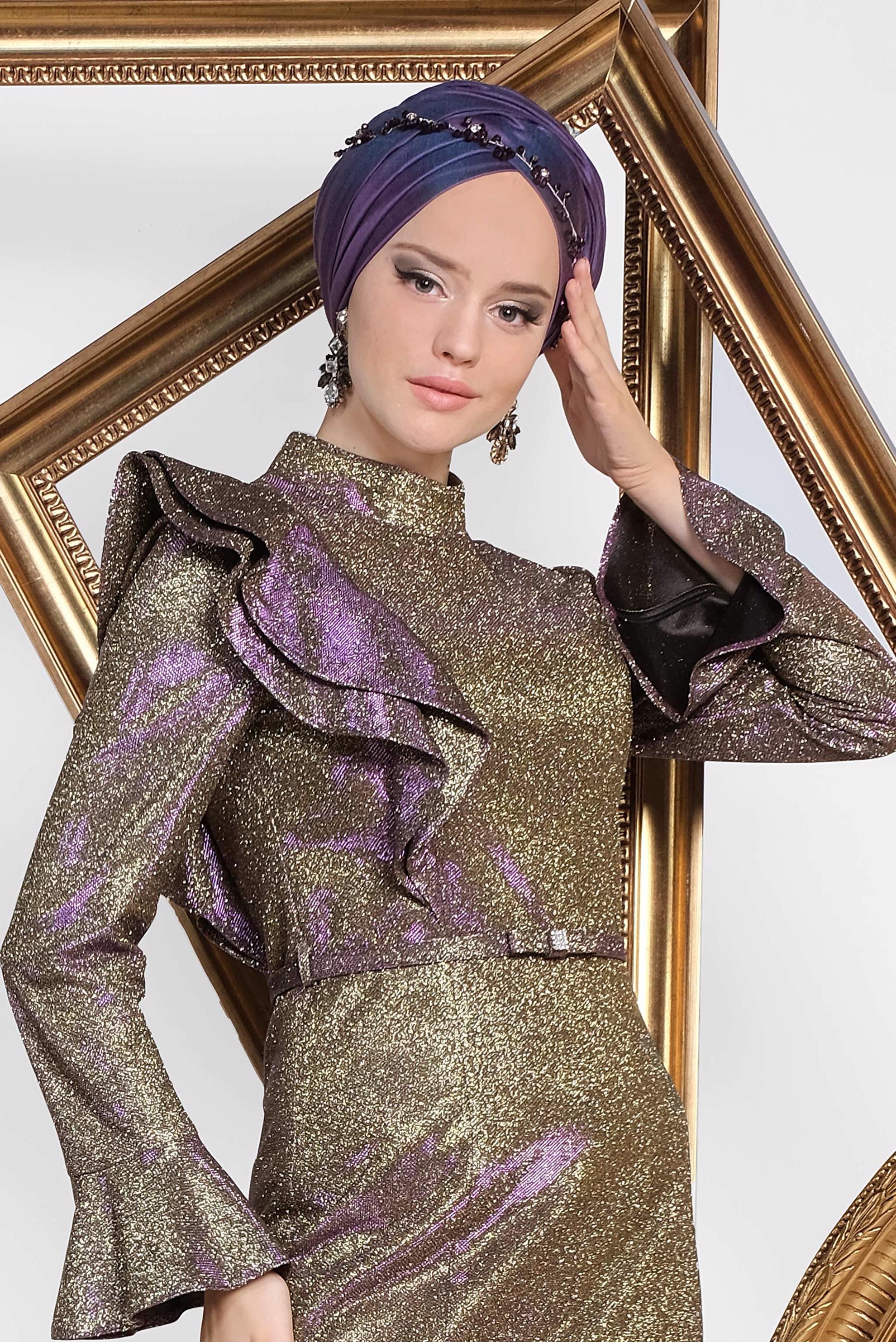 Tesettür giyim MOR VOLAN DETAYLI BALIK MODEL SİMLİ ABİYE 5550 