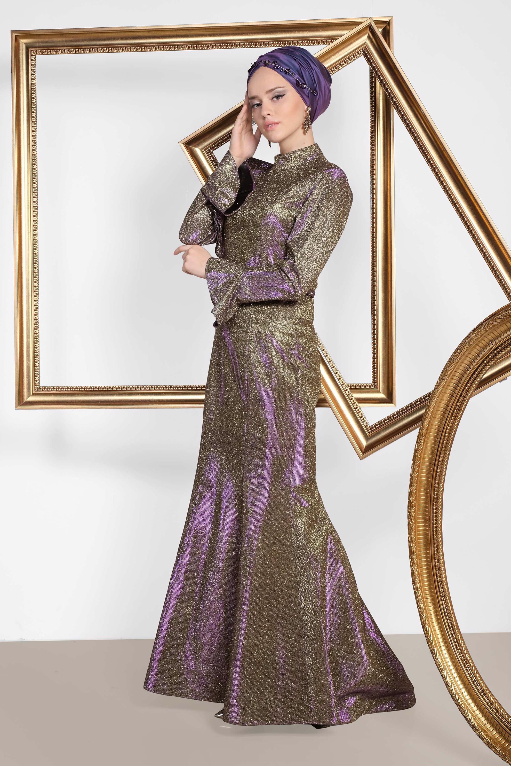 Tesettür giyim MOR VOLAN DETAYLI BALIK MODEL SİMLİ ABİYE 5550 