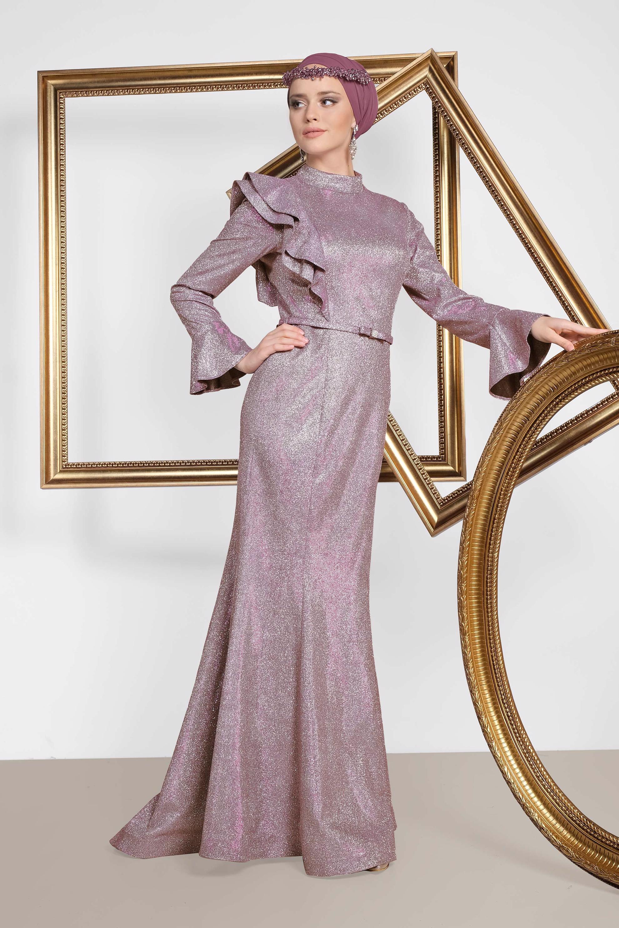 Tesettür giyim PUDRA VOLAN DETAYLI BALIK MODEL SİMLİ ABİYE 5550 