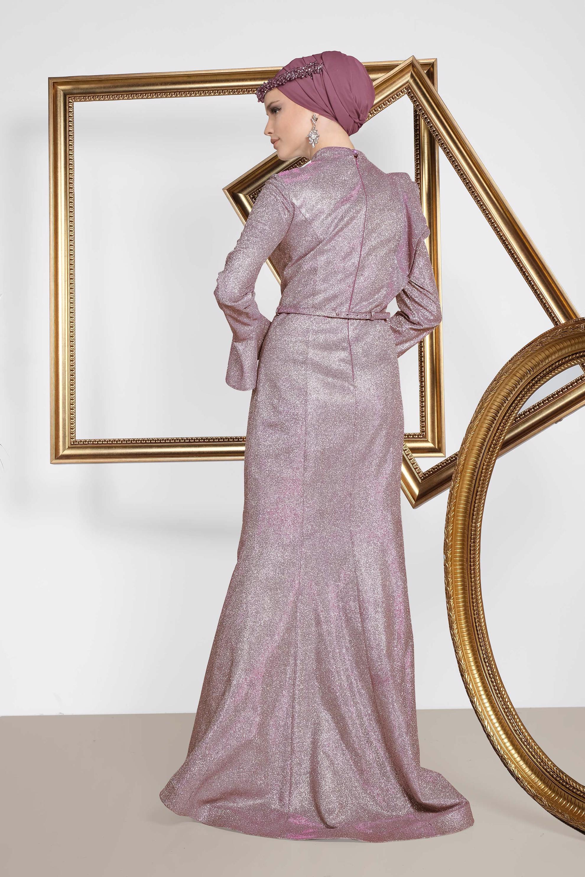 Tesettür giyim PUDRA VOLAN DETAYLI BALIK MODEL SİMLİ ABİYE 5550 