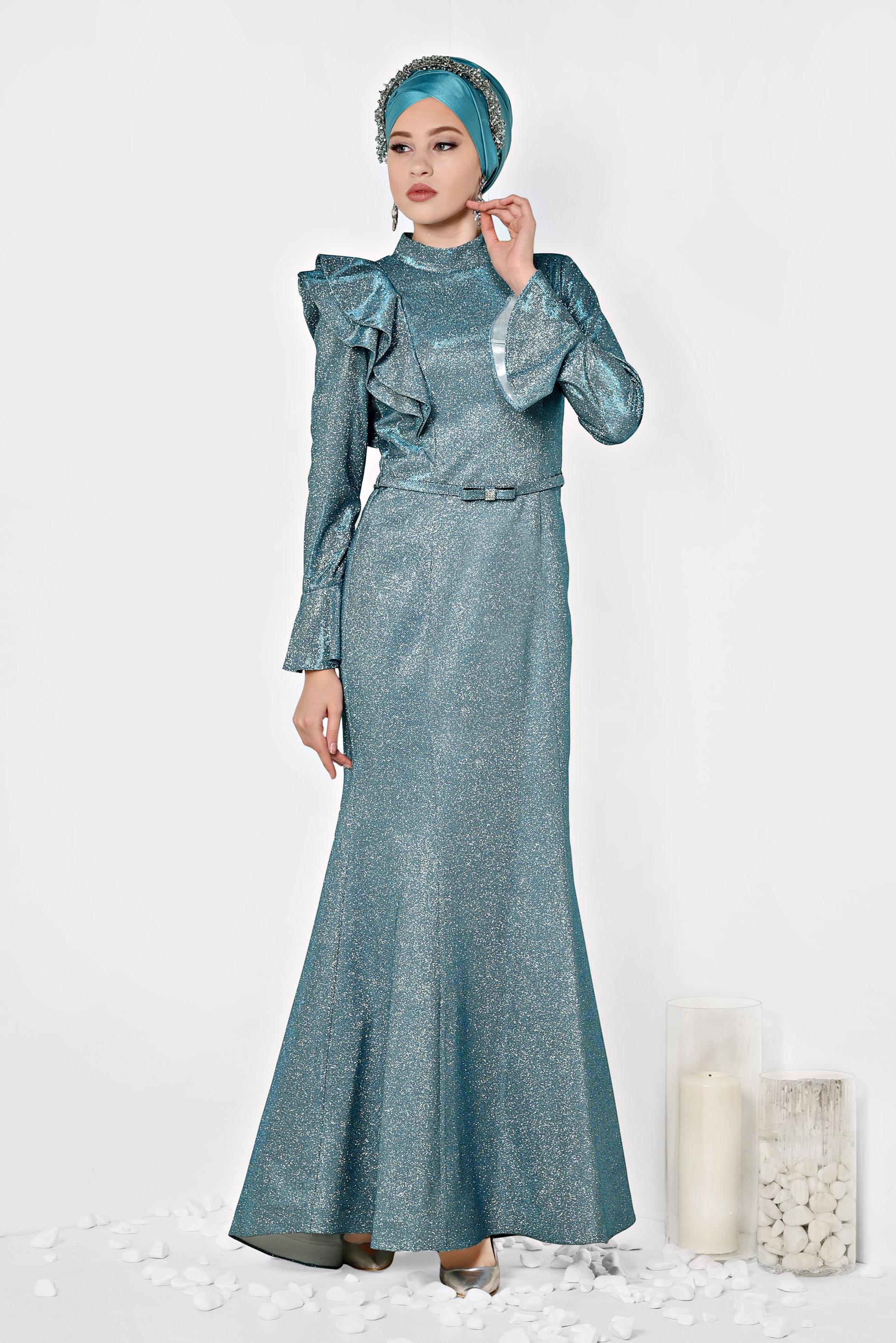 Tesettür giyim MAVİ VOLAN DETAYLI BALIK MODEL SİMLİ ABİYE 5550 