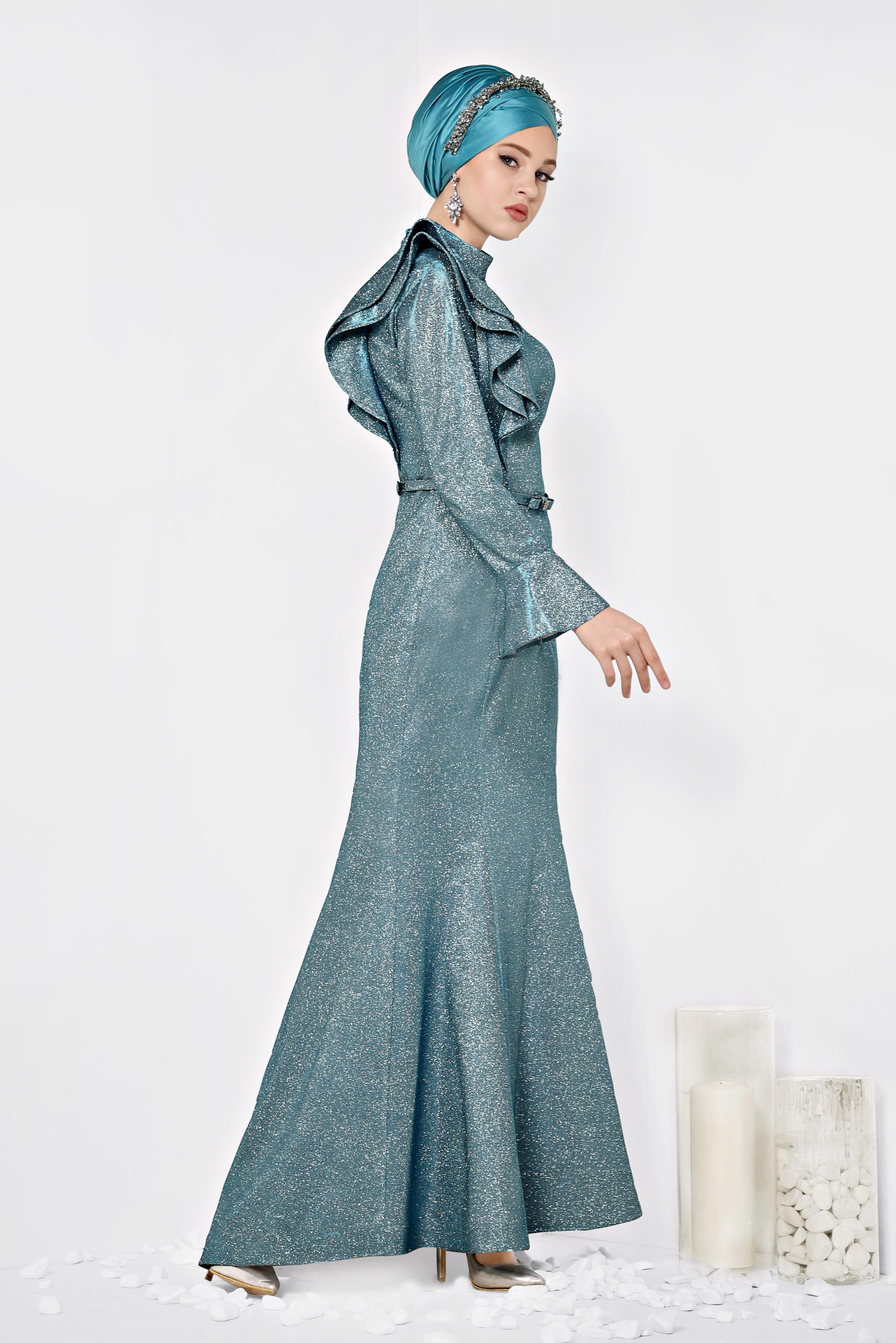 Tesettür giyim MAVİ VOLAN DETAYLI BALIK MODEL SİMLİ ABİYE 5550 