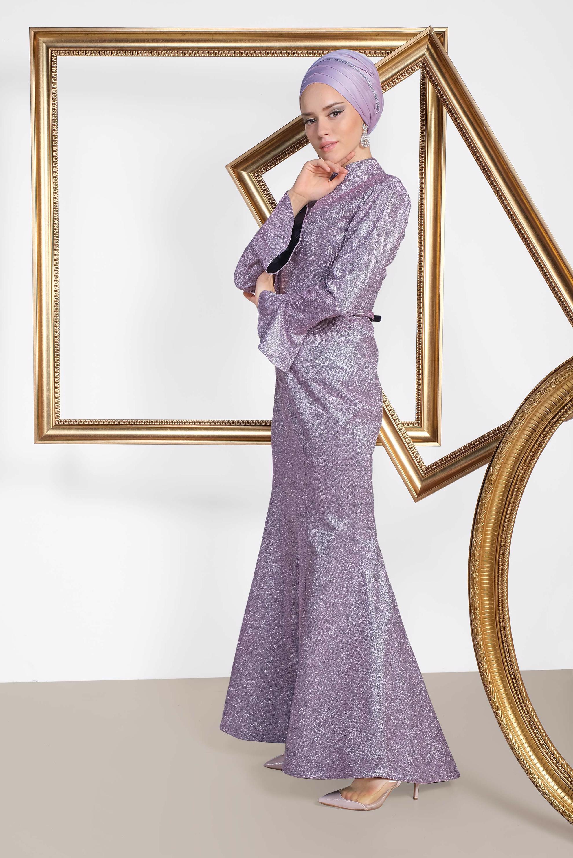 Tesettür giyim MOR VOLAN DETAYLI BALIK MODEL SİMLİ ABİYE 5550 