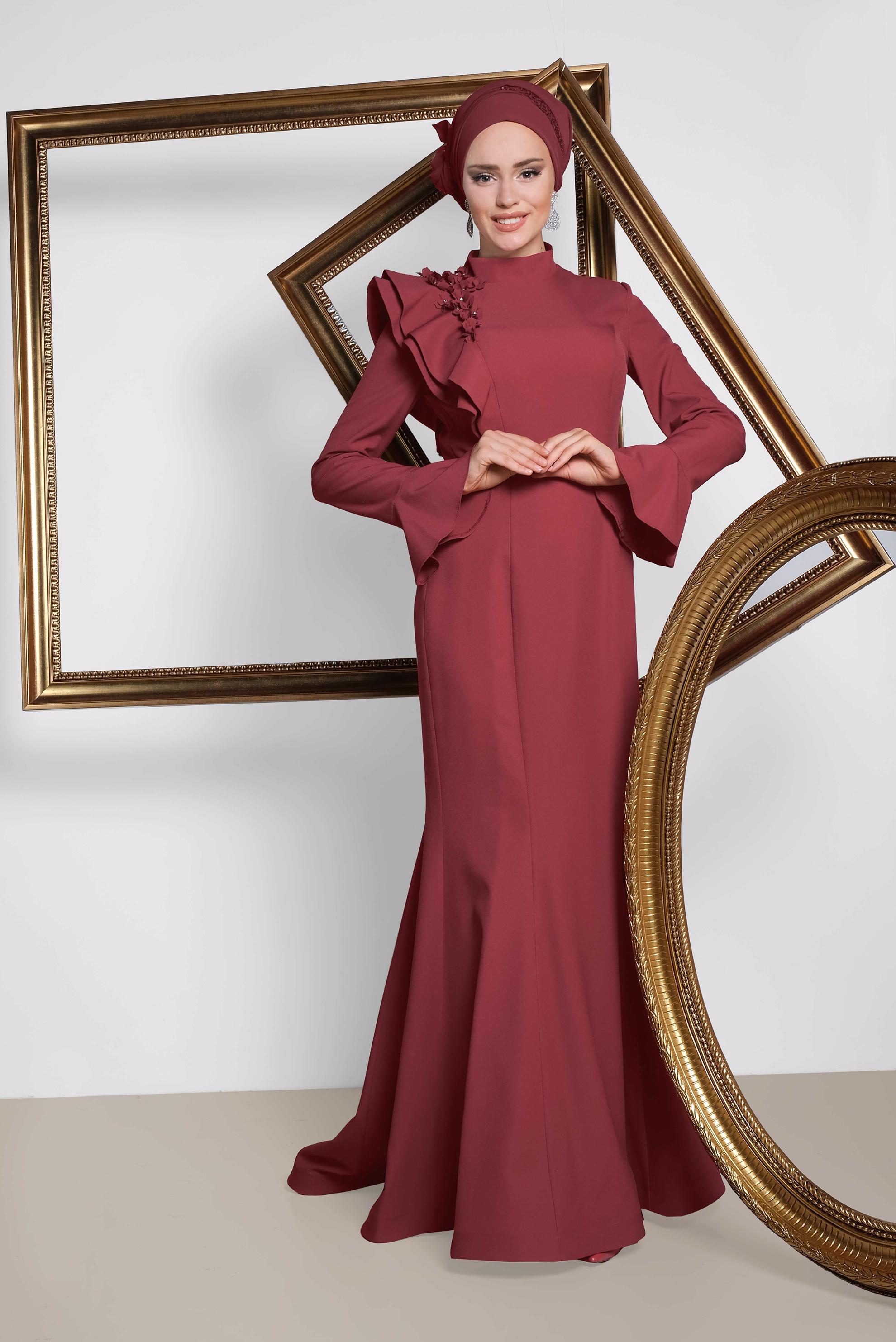 Hijab clothing CLARET RED One Shoulder Flower Flywheel Detailed Evening Dress 5551 