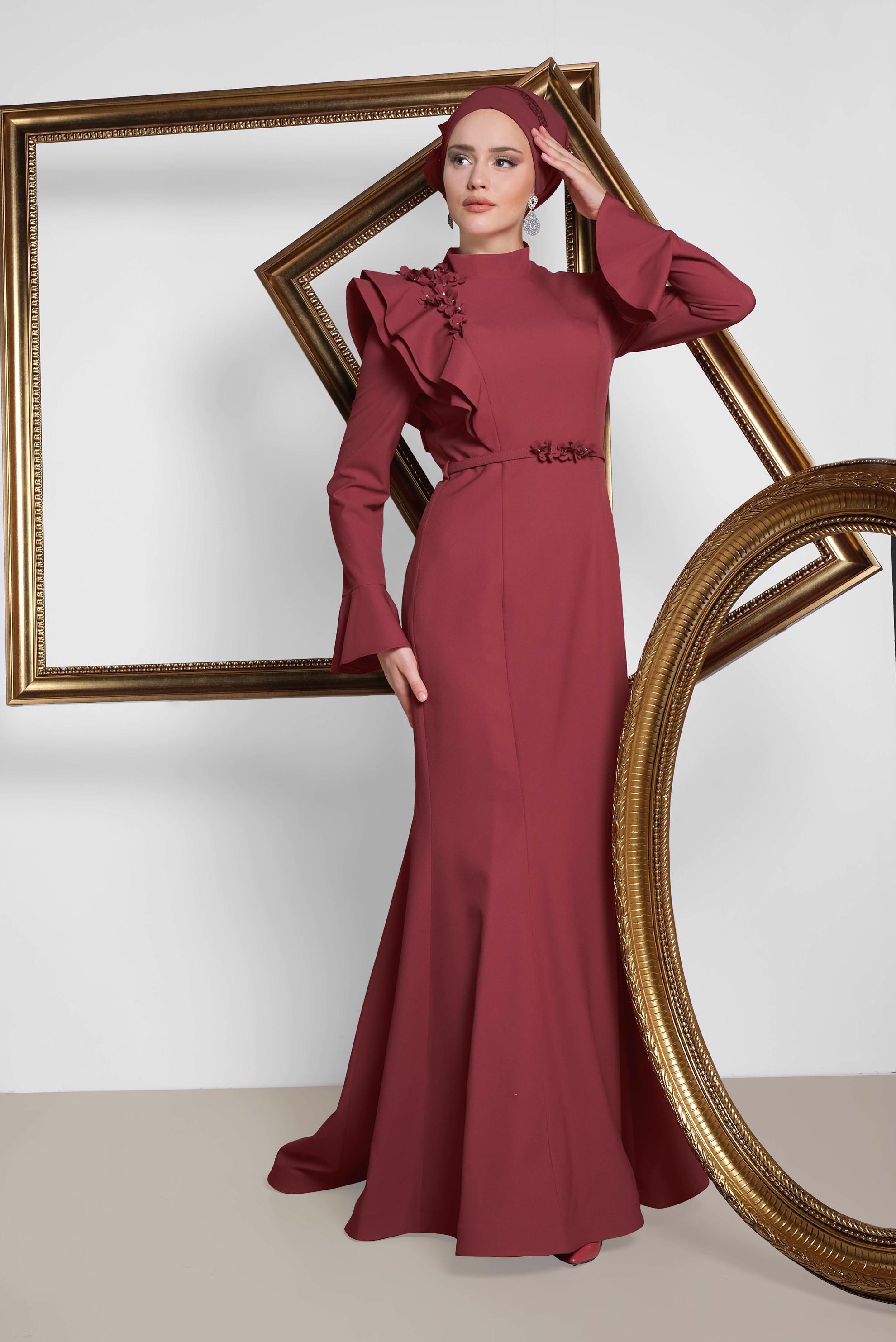 Hijab clothing CLARET RED One Shoulder Flower Flywheel Detailed Evening Dress 5551 
