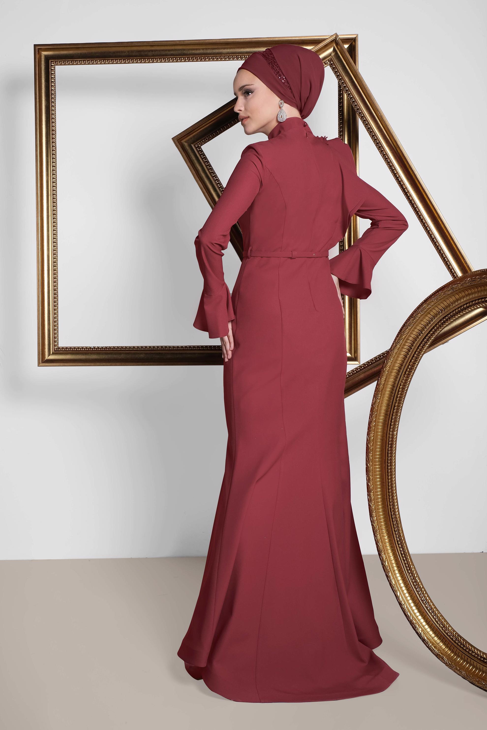 Hijab clothing CLARET RED One Shoulder Flower Flywheel Detailed Evening Dress 5551 