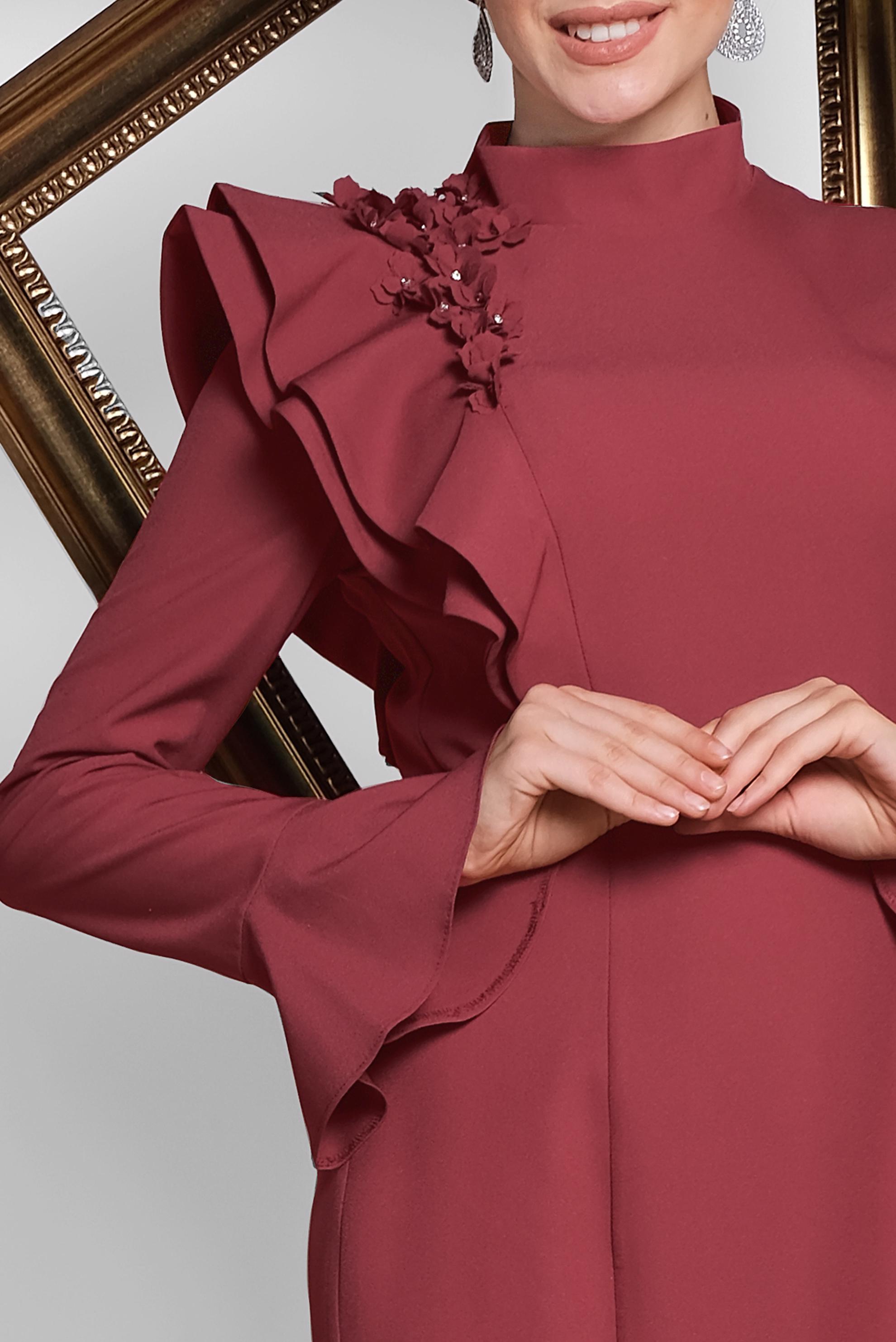 Hijab clothing CLARET RED One Shoulder Flower Flywheel Detailed Evening Dress 5551 