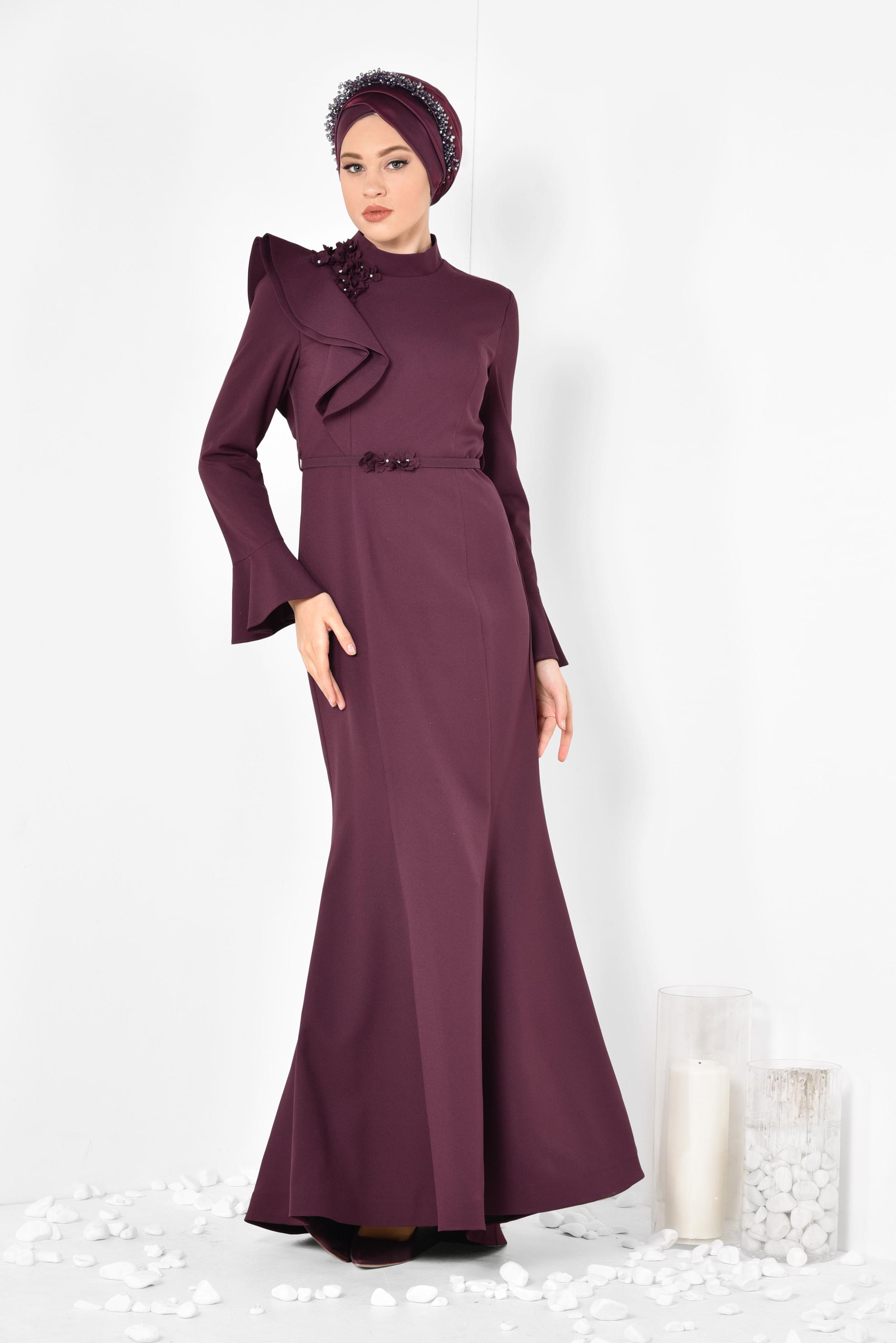 Tesettür giyim MÜRDÜM TEK OMUZU VOLANLI ÇİÇEK DETAYLI ABİYE ELBİSE 5551