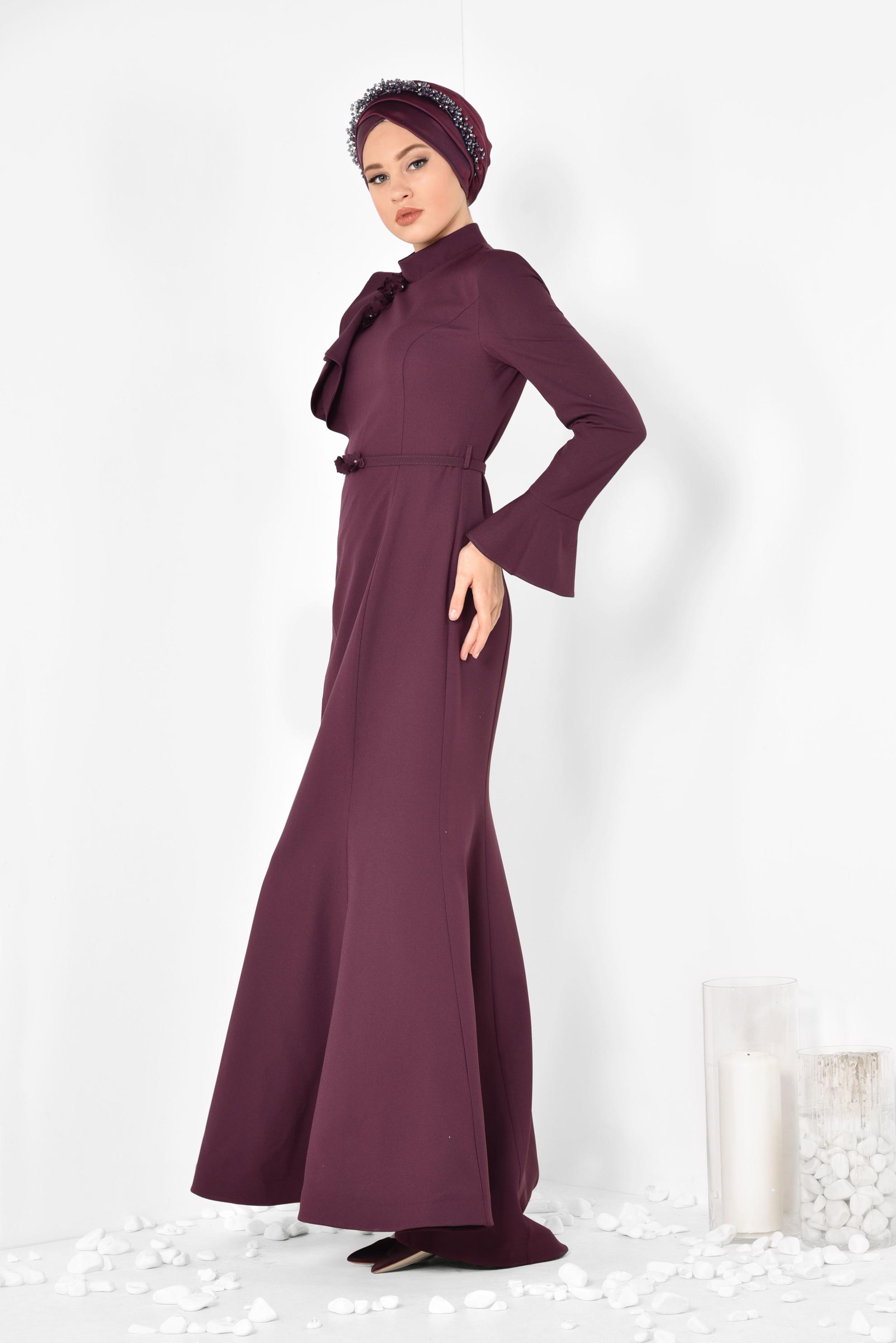 Tesettür giyim MÜRDÜM TEK OMUZU VOLANLI ÇİÇEK DETAYLI ABİYE ELBİSE 5551