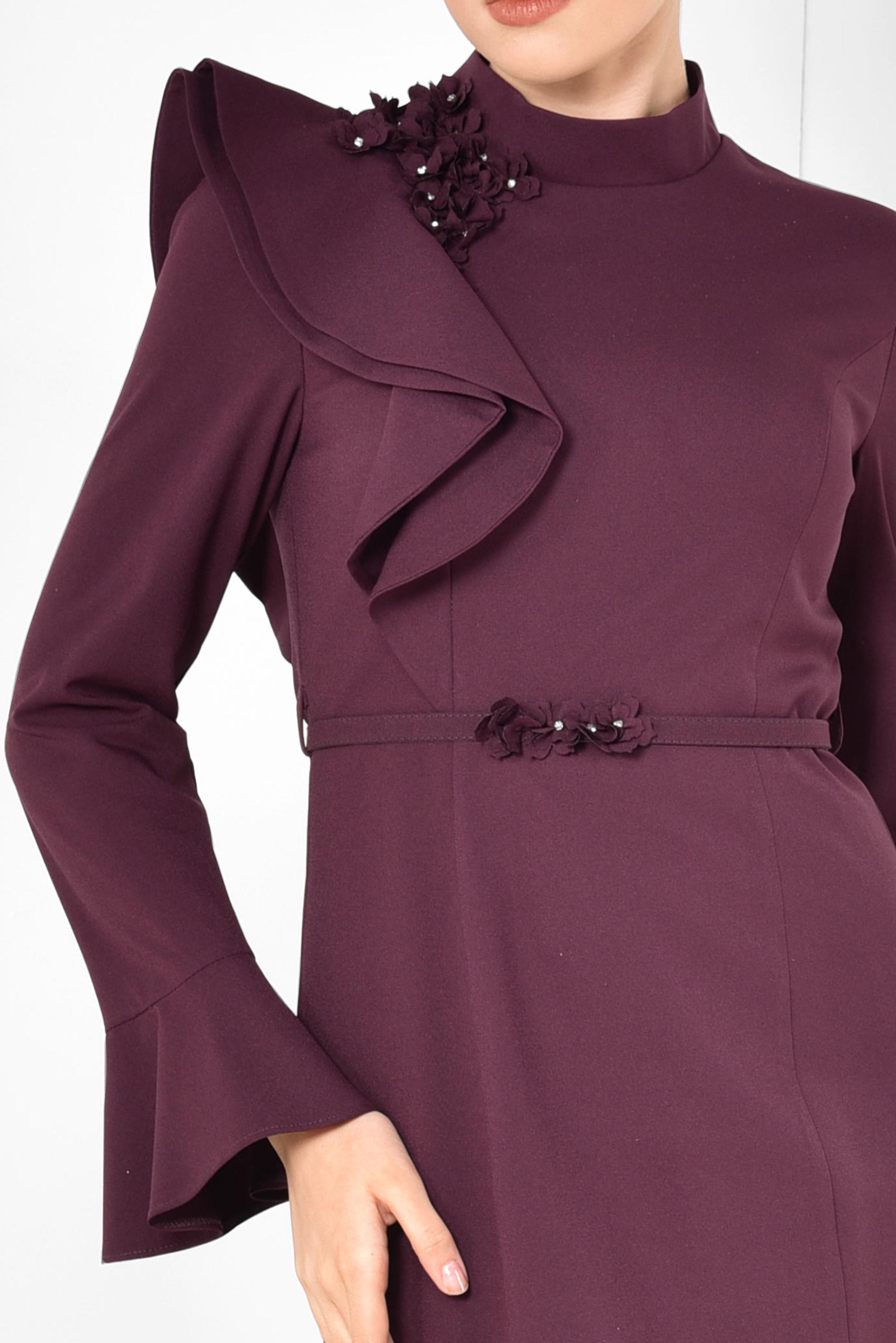 Tesettür giyim MÜRDÜM TEK OMUZU VOLANLI ÇİÇEK DETAYLI ABİYE ELBİSE 5551