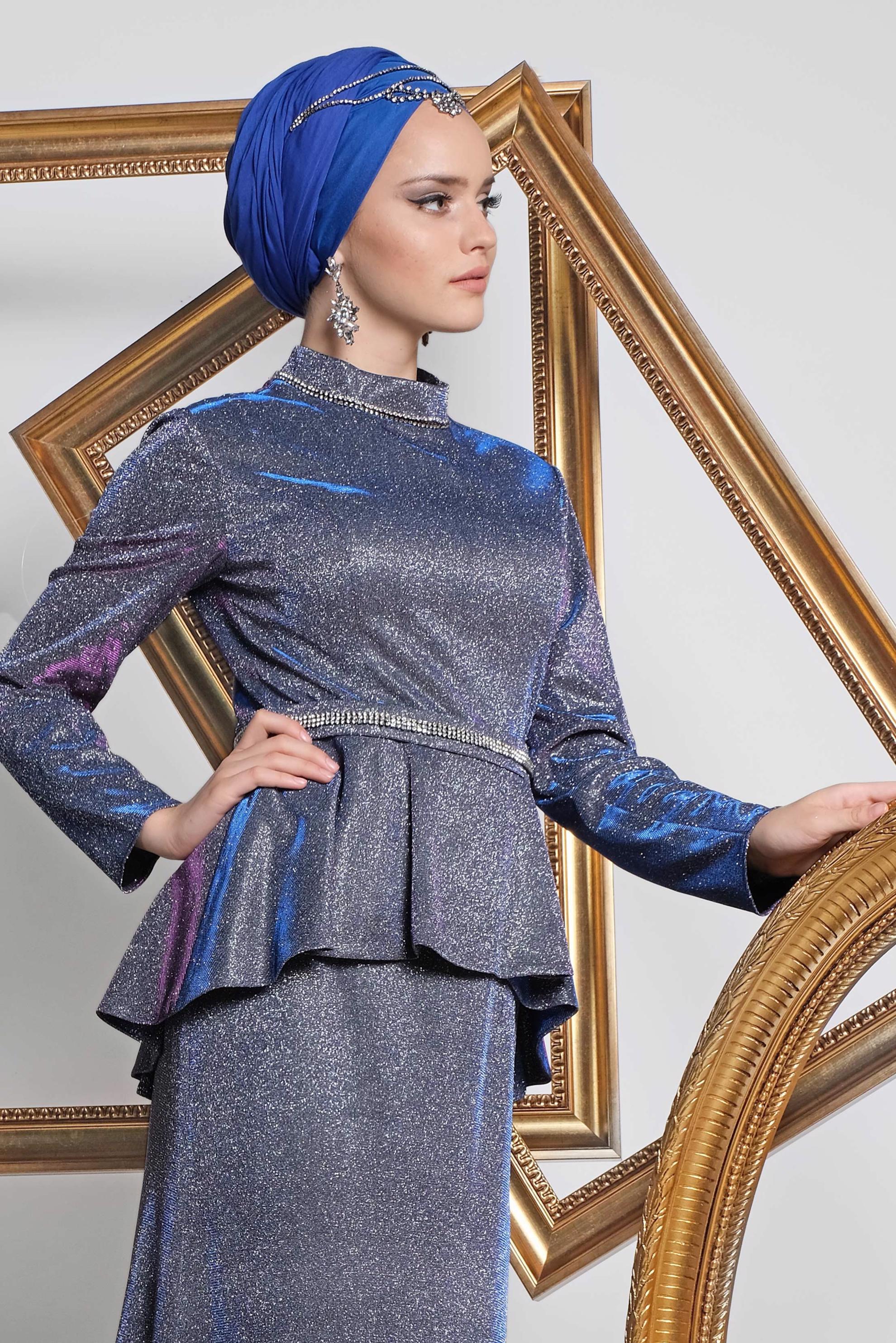 Tesettür giyim LACİVERT SİMLİ BALIK ABİYE ELBİSE 5552