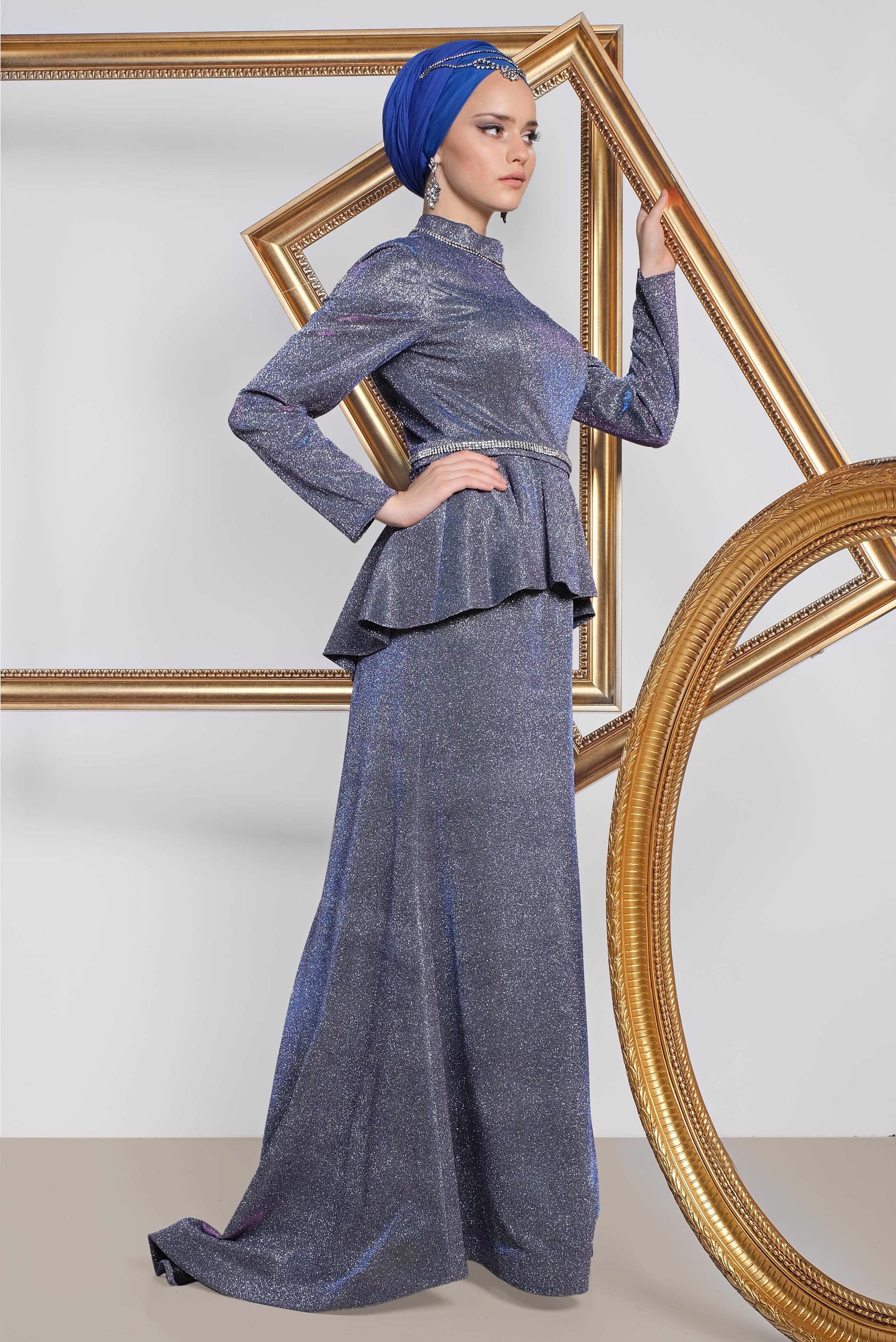 Tesettür giyim LACİVERT SİMLİ BALIK ABİYE ELBİSE 5552