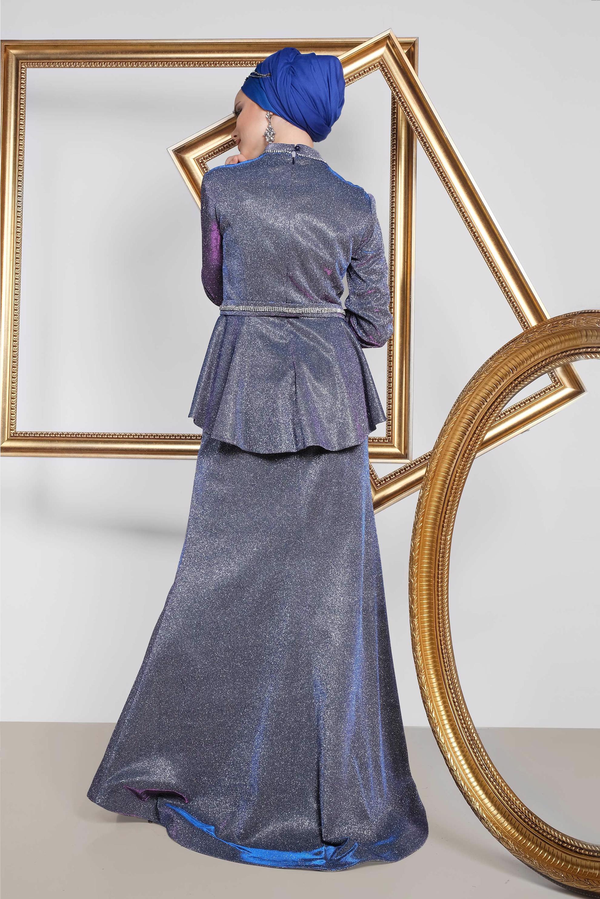 Tesettür giyim LACİVERT SİMLİ BALIK ABİYE ELBİSE 5552