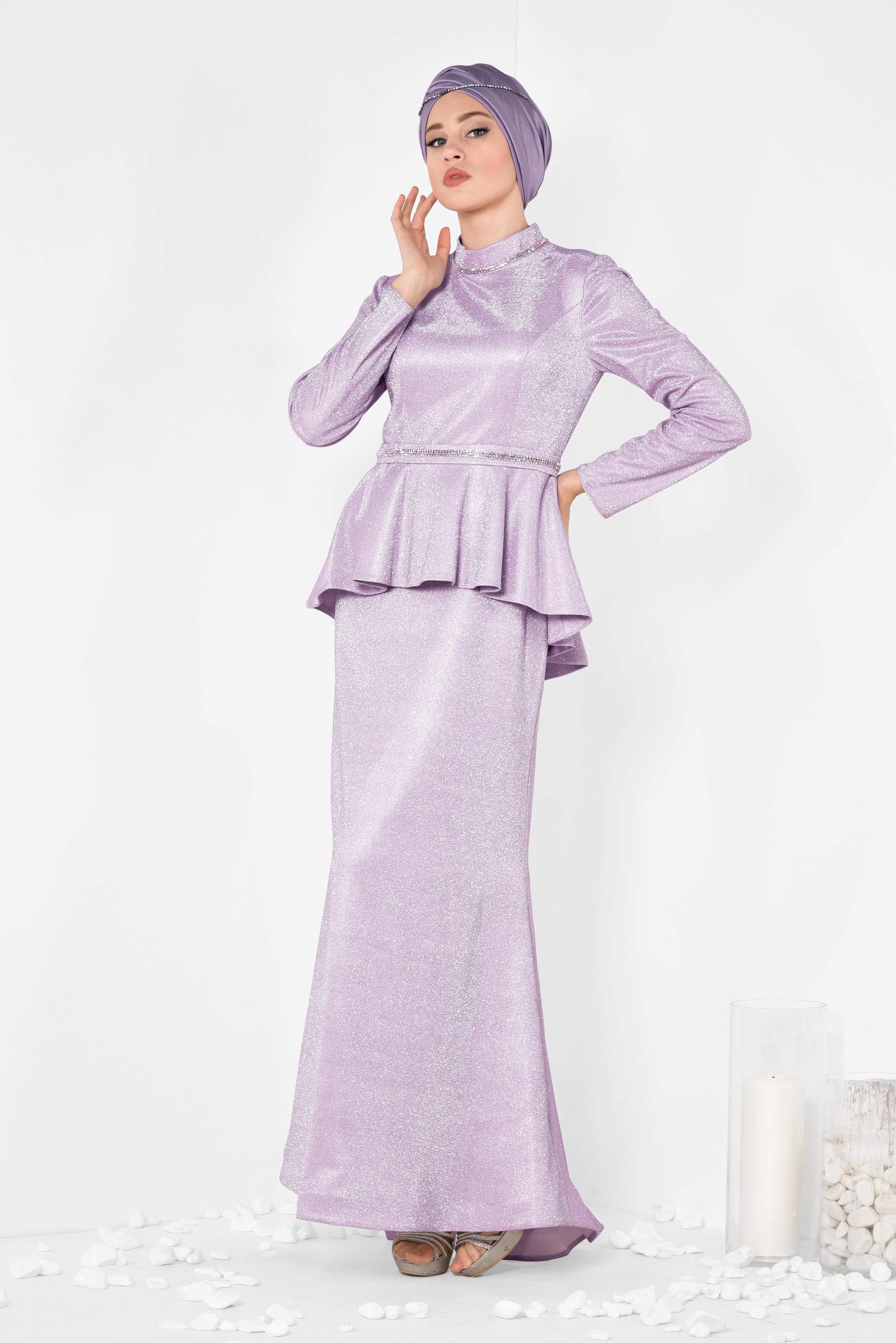 Tesettür giyim PEMBE SİMLİ BALIK ABİYE ELBİSE 5552