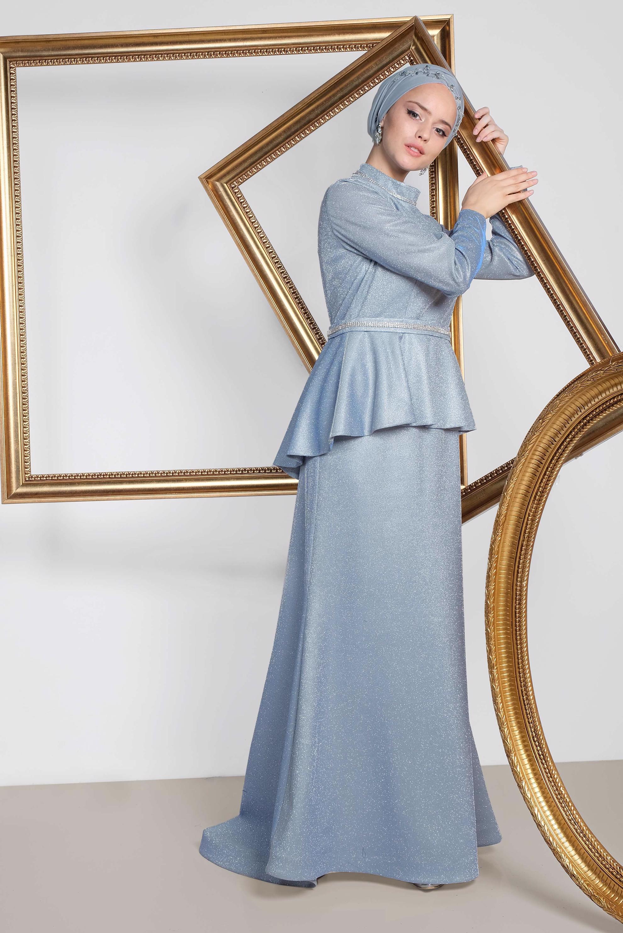 Tesettür giyim MAVİ SİMLİ BALIK ABİYE ELBİSE 5552