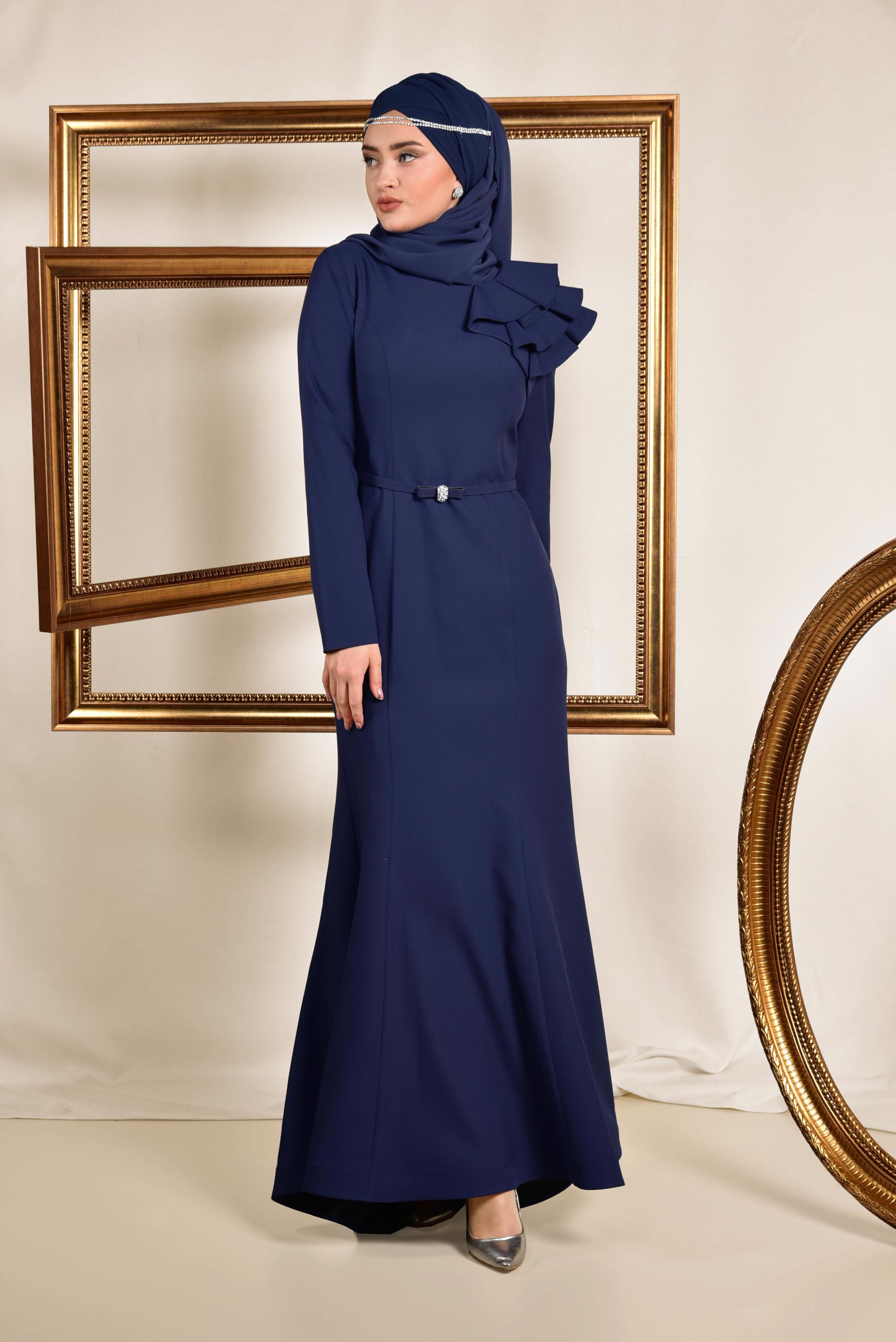 Tesettür giyim LACİVERT OMUZ DETAYLI BELİ KEMERLİ ABİYE ELBİSE 5553