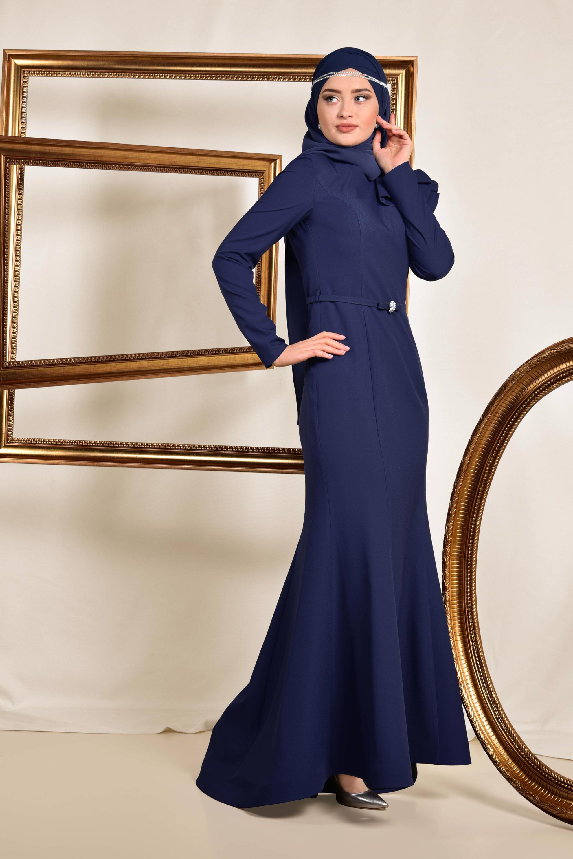 Tesettür giyim LACİVERT OMUZ DETAYLI BELİ KEMERLİ ABİYE ELBİSE 5553