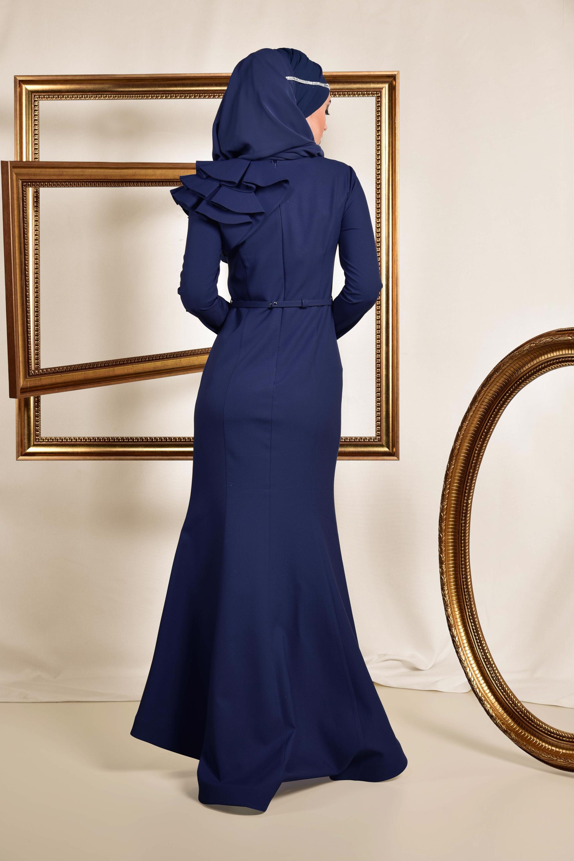 Tesettür giyim LACİVERT OMUZ DETAYLI BELİ KEMERLİ ABİYE ELBİSE 5553