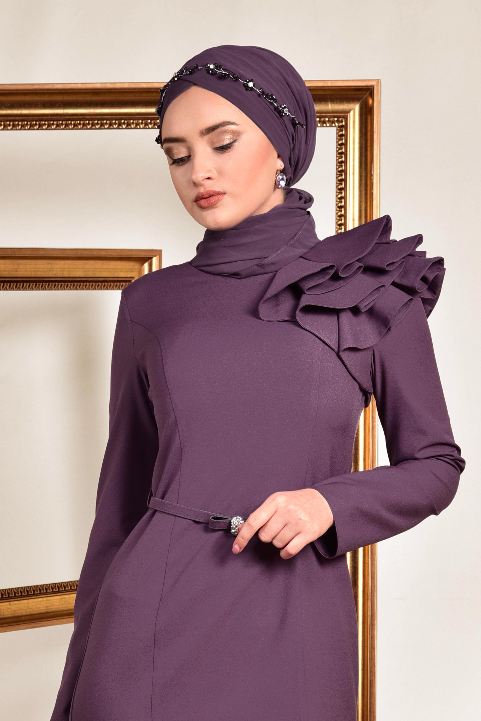 Tesettür giyim MOR OMUZ DETAYLI BELİ KEMERLİ ABİYE ELBİSE 5553