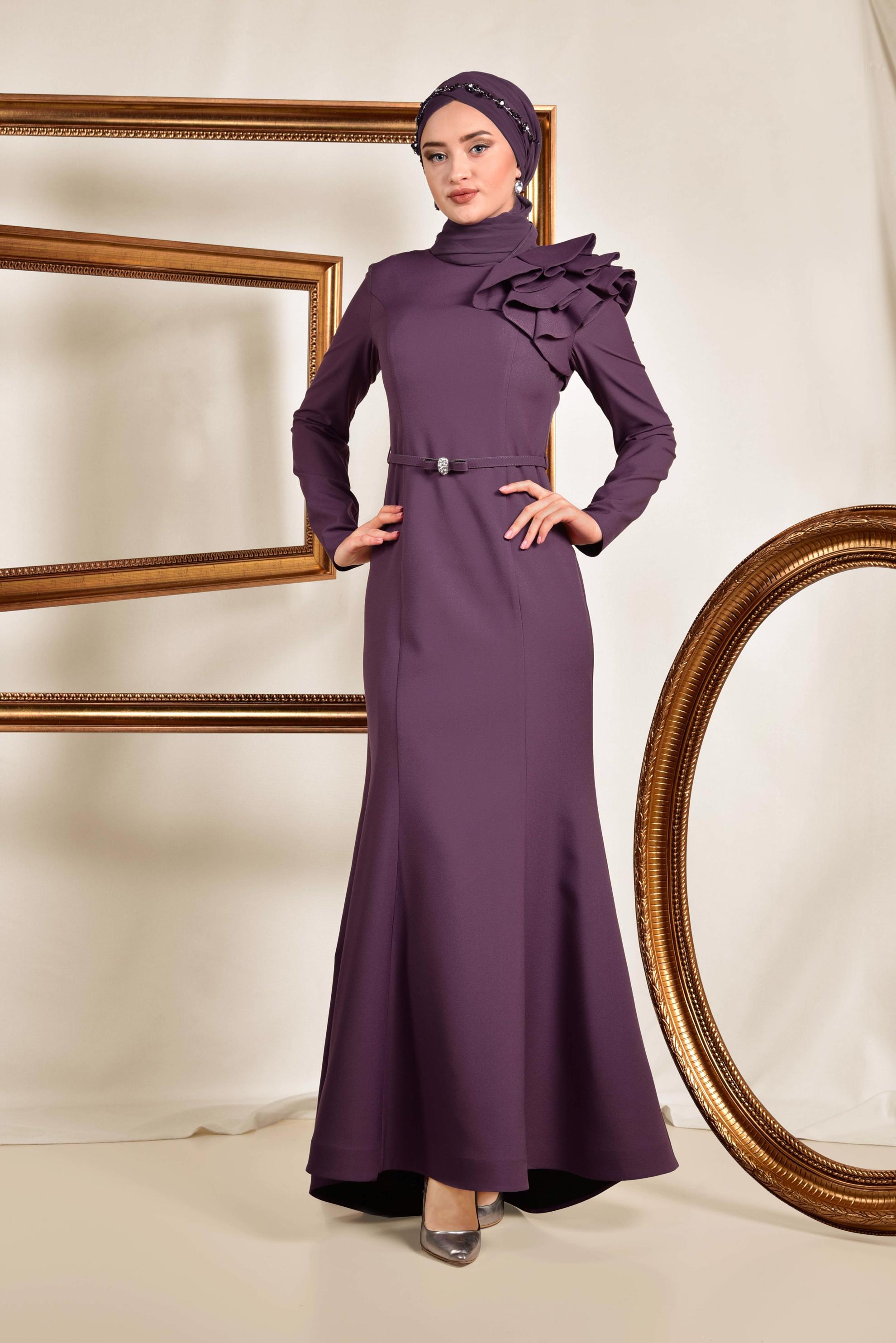 Tesettür giyim MOR OMUZ DETAYLI BELİ KEMERLİ ABİYE ELBİSE 5553