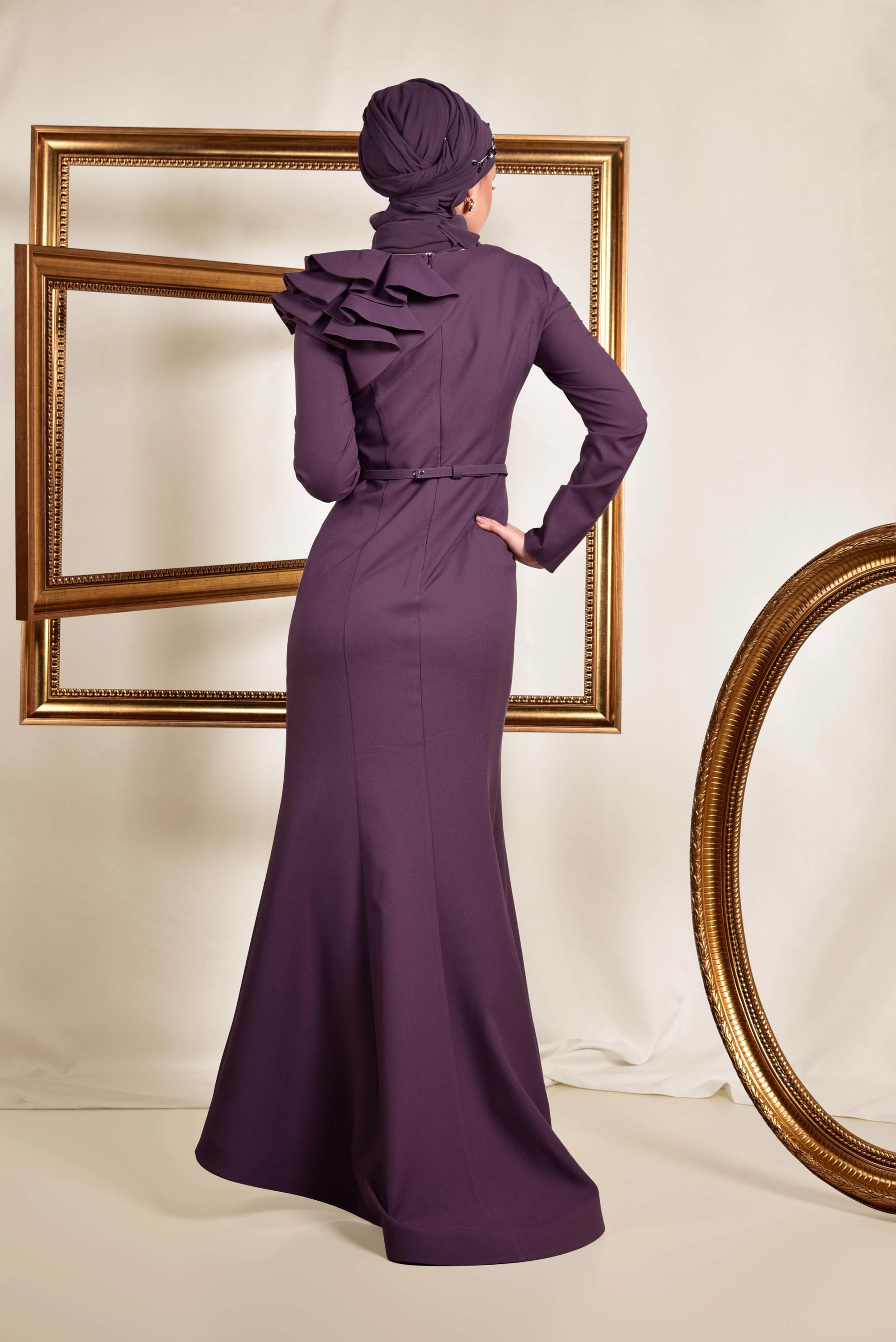 Tesettür giyim MOR OMUZ DETAYLI BELİ KEMERLİ ABİYE ELBİSE 5553
