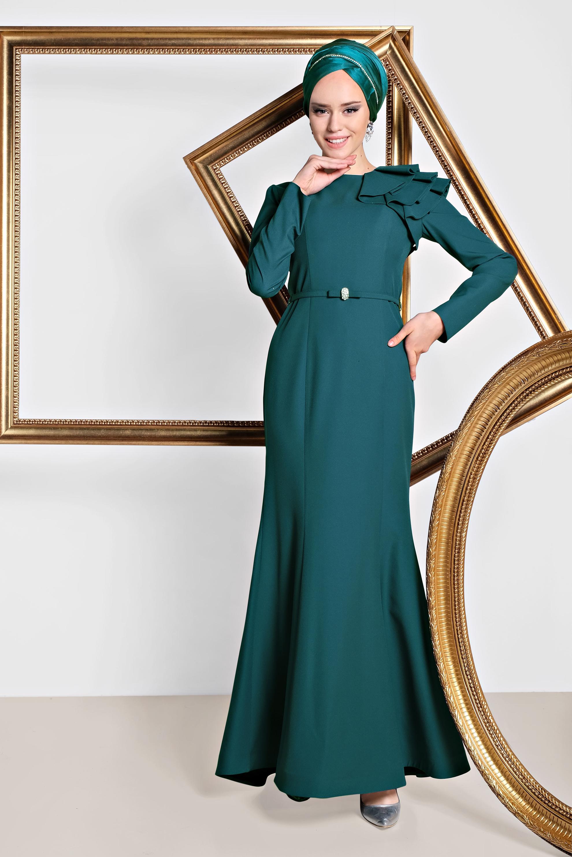 Tesettür giyim YEŞİL OMUZ DETAYLI BELİ KEMERLİ ABİYE ELBİSE 5553