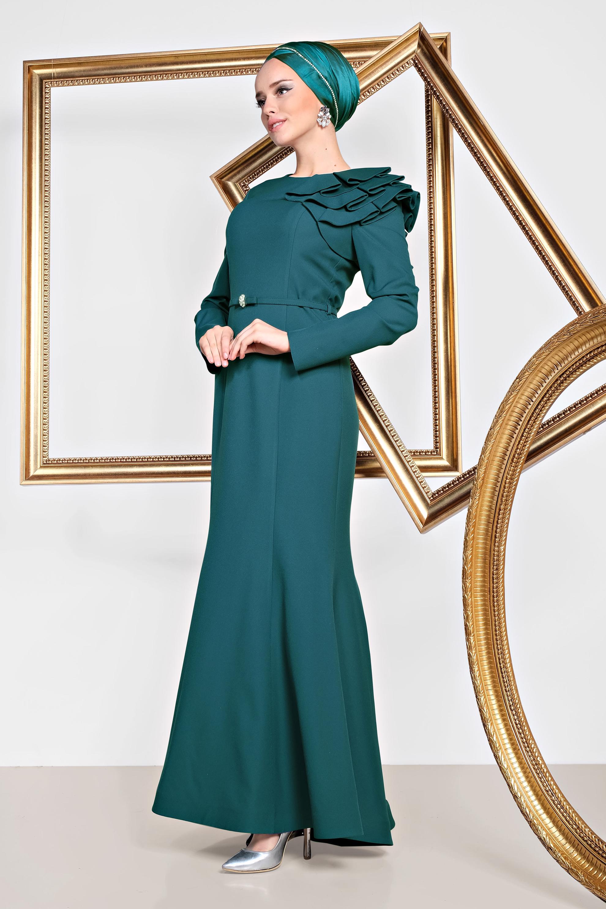 Tesettür giyim YEŞİL OMUZ DETAYLI BELİ KEMERLİ ABİYE ELBİSE 5553