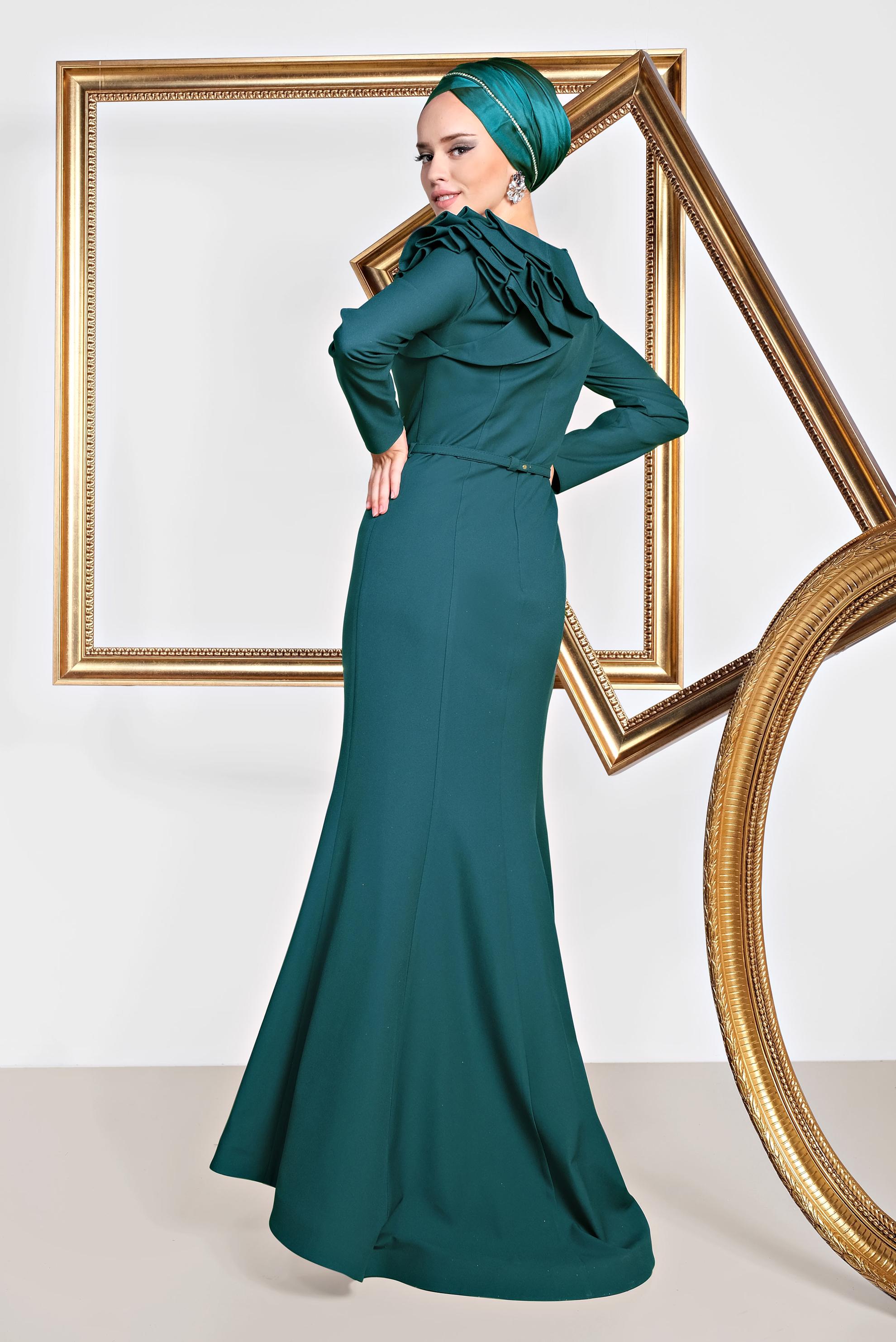 Tesettür giyim YEŞİL OMUZ DETAYLI BELİ KEMERLİ ABİYE ELBİSE 5553
