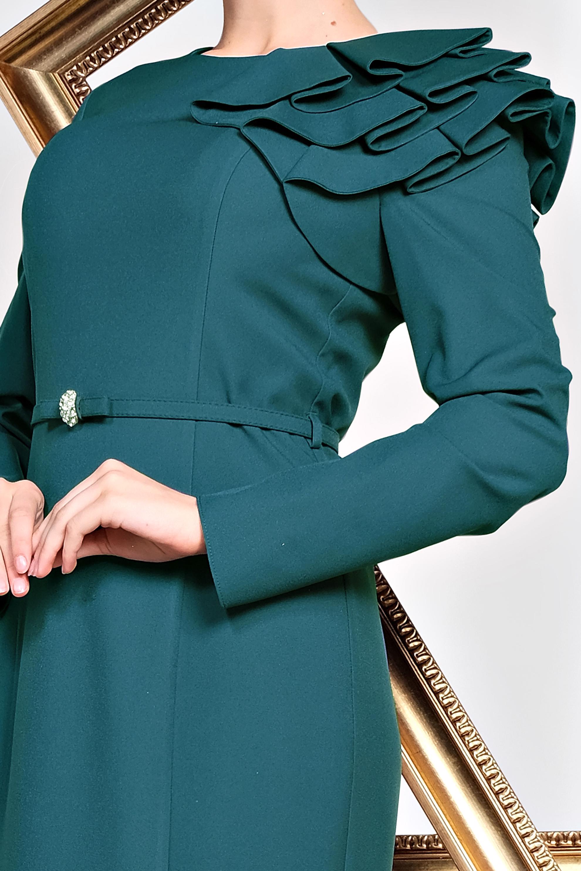 Tesettür giyim YEŞİL OMUZ DETAYLI BELİ KEMERLİ ABİYE ELBİSE 5553