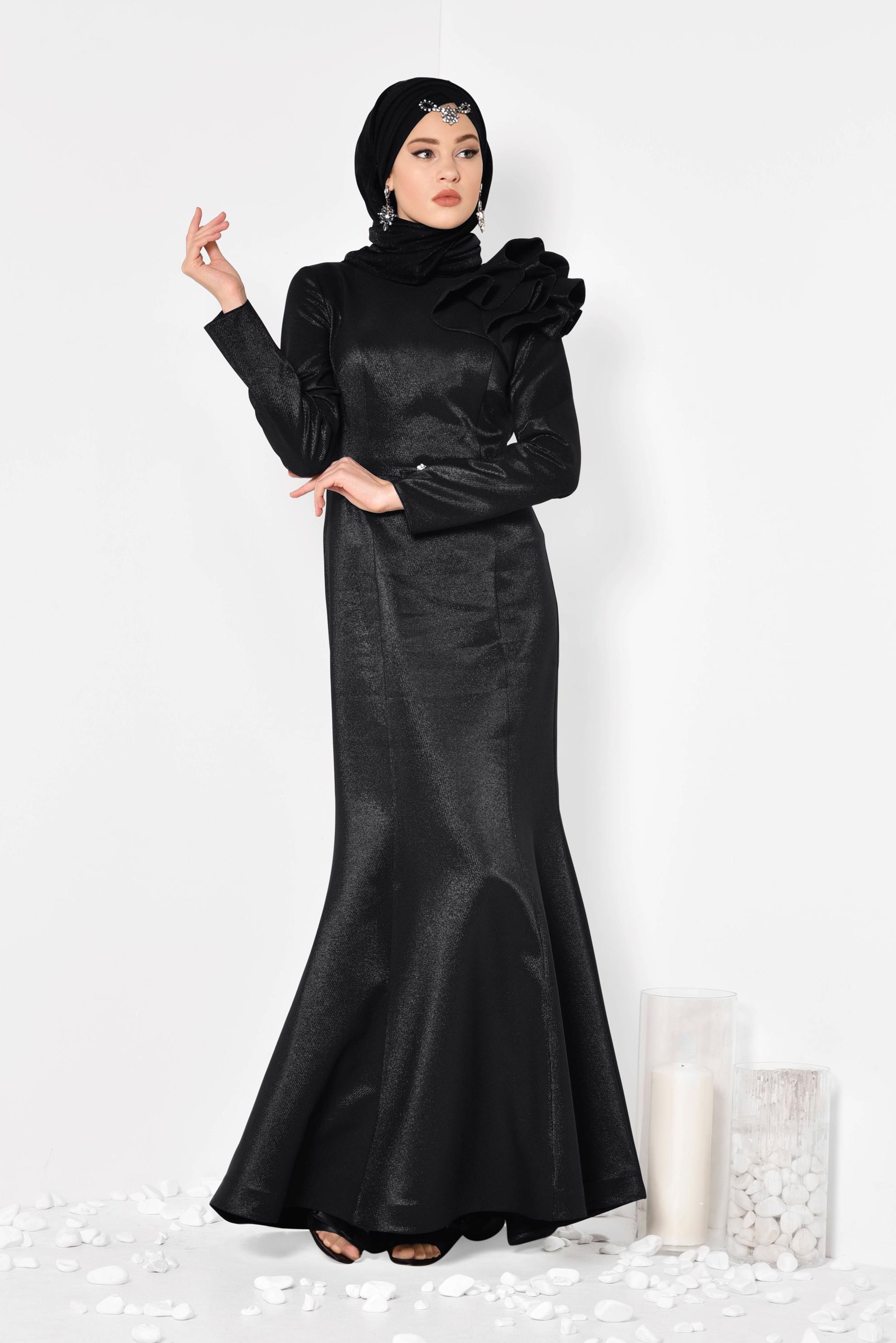 Tesettür giyim SİYAH OMUZ DETAYLI BALIK MODEL ABİYE ELBİSE 5554