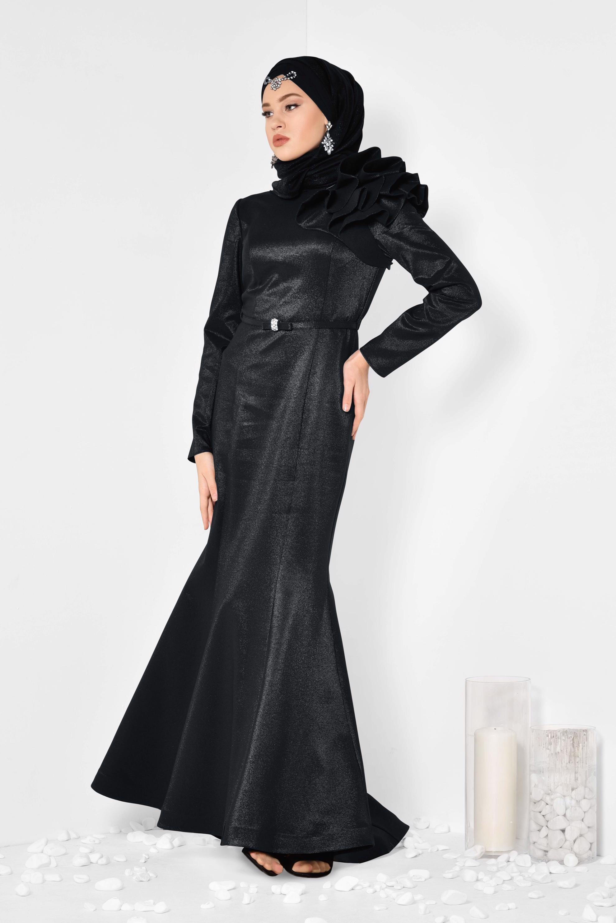 Tesettür giyim SİYAH OMUZ DETAYLI BALIK MODEL ABİYE ELBİSE 5554