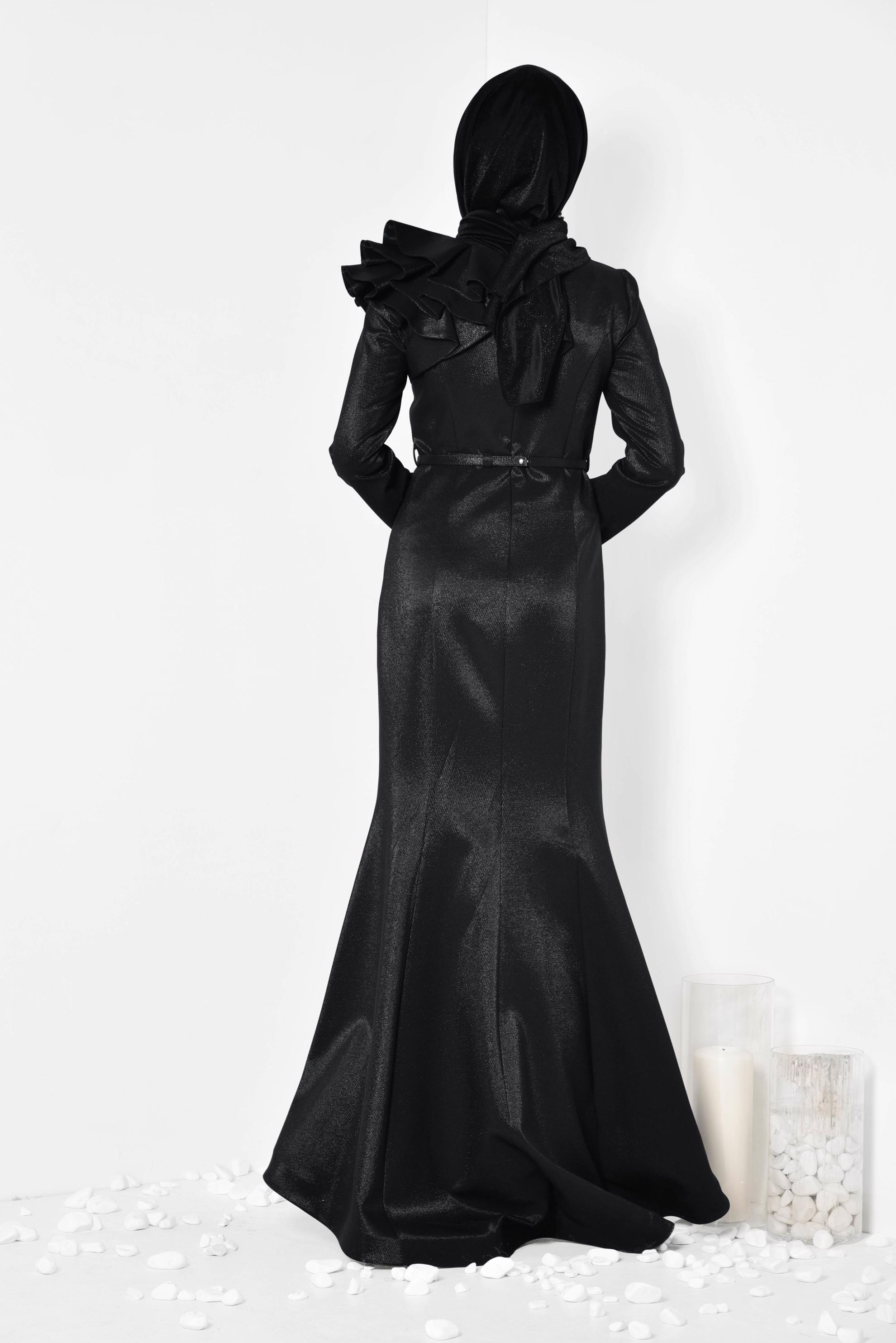 Tesettür giyim SİYAH OMUZ DETAYLI BALIK MODEL ABİYE ELBİSE 5554