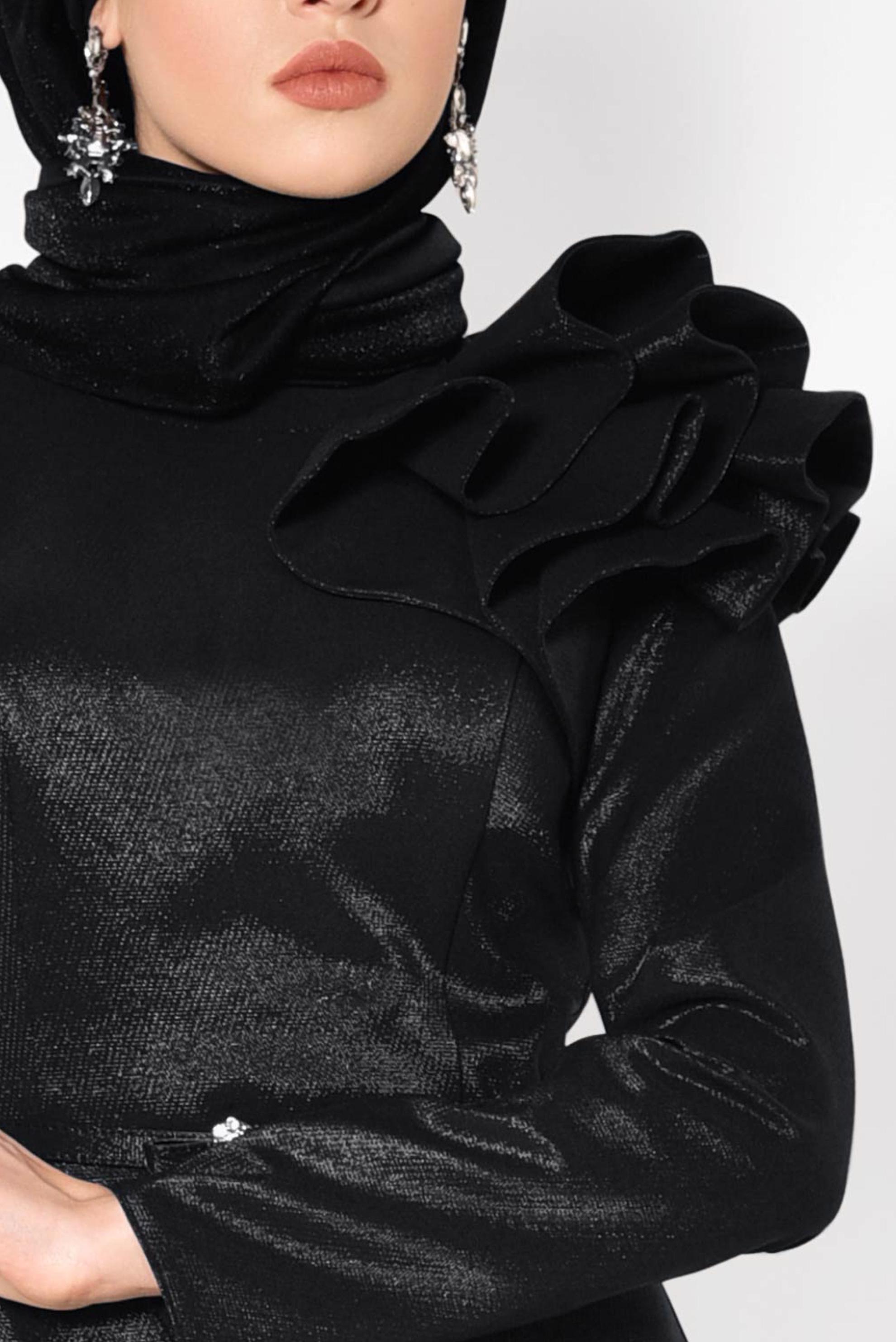 Tesettür giyim SİYAH OMUZ DETAYLI BALIK MODEL ABİYE ELBİSE 5554