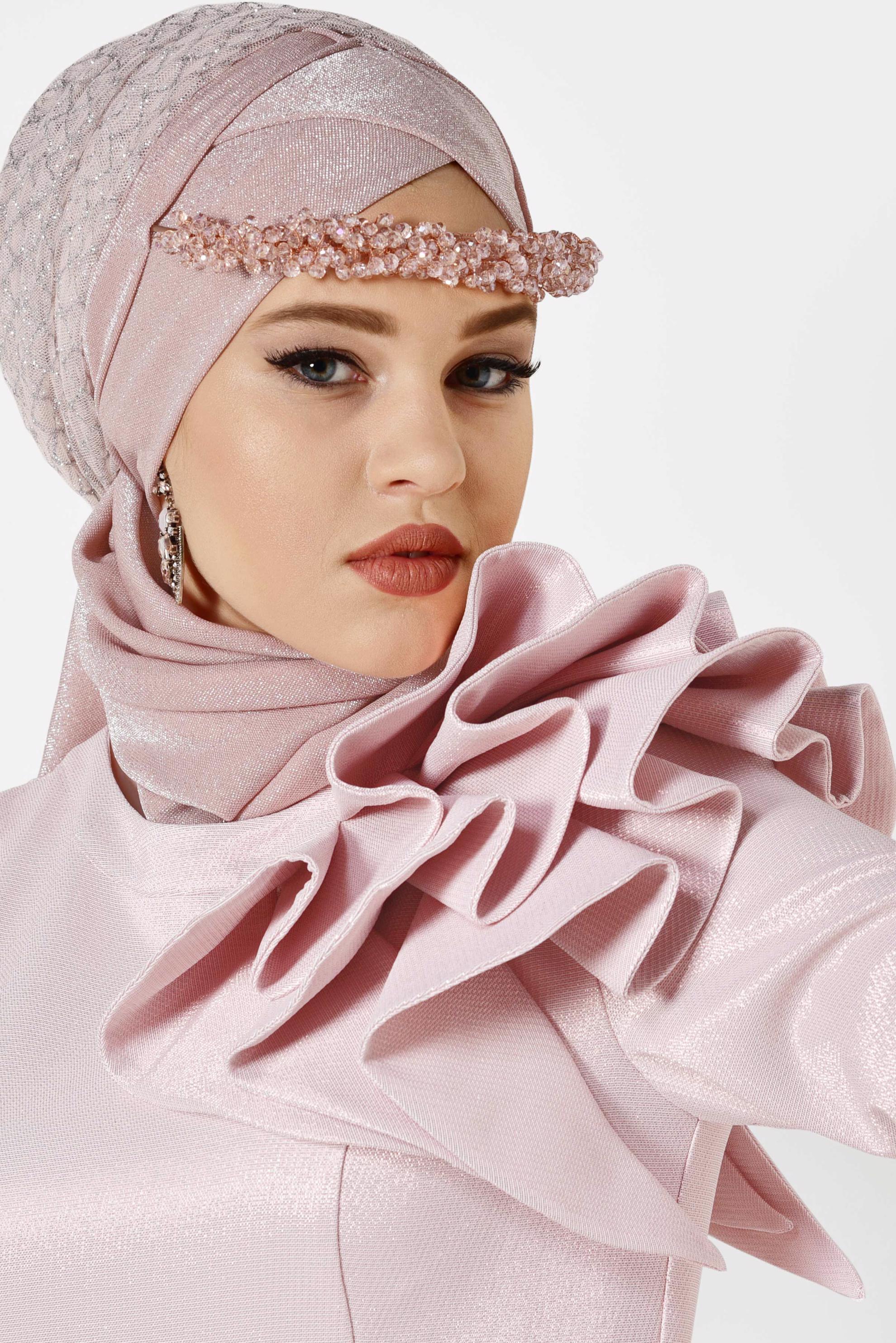 Tesettür giyim PUDRA OMUZ DETAYLI BALIK MODEL ABİYE ELBİSE 5554