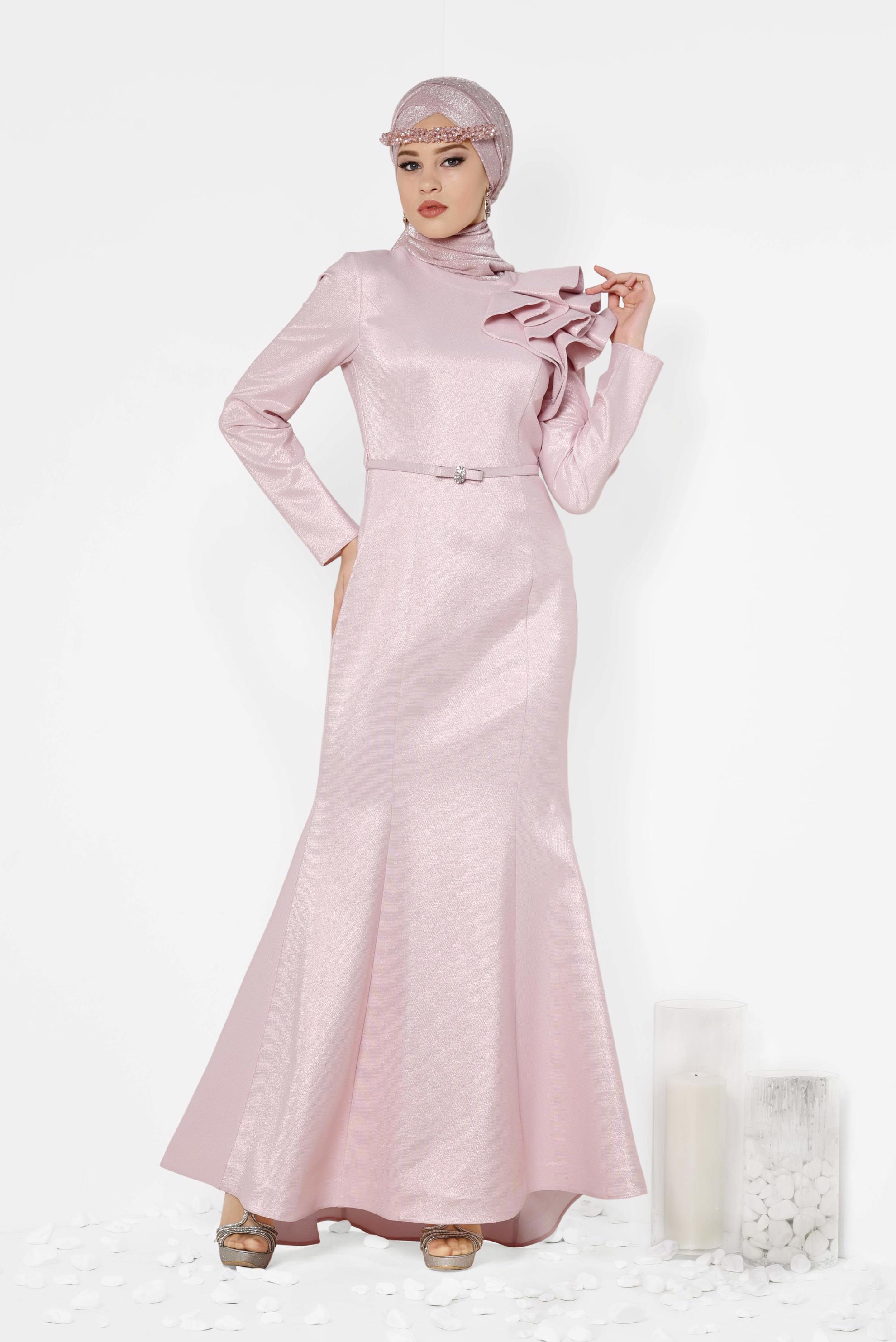 Tesettür giyim PUDRA OMUZ DETAYLI BALIK MODEL ABİYE ELBİSE 5554