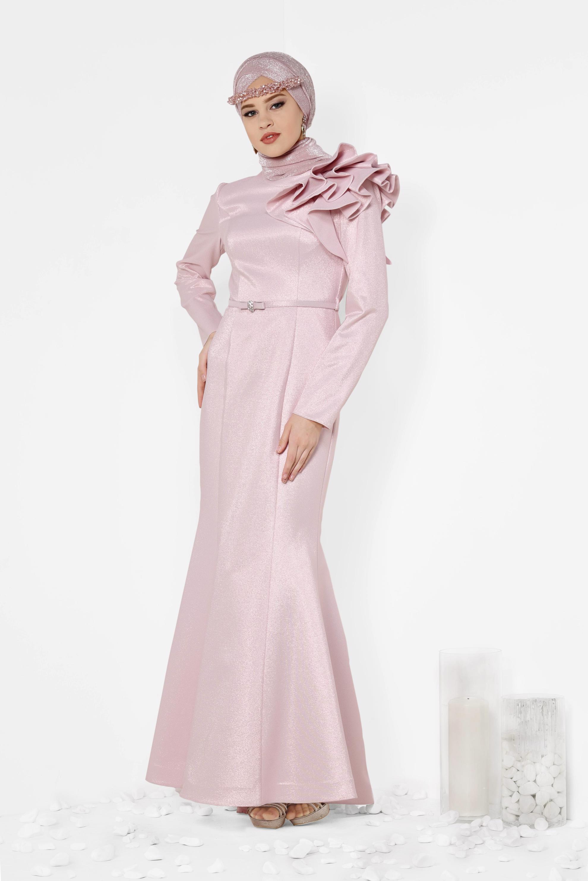 Tesettür giyim PUDRA OMUZ DETAYLI BALIK MODEL ABİYE ELBİSE 5554