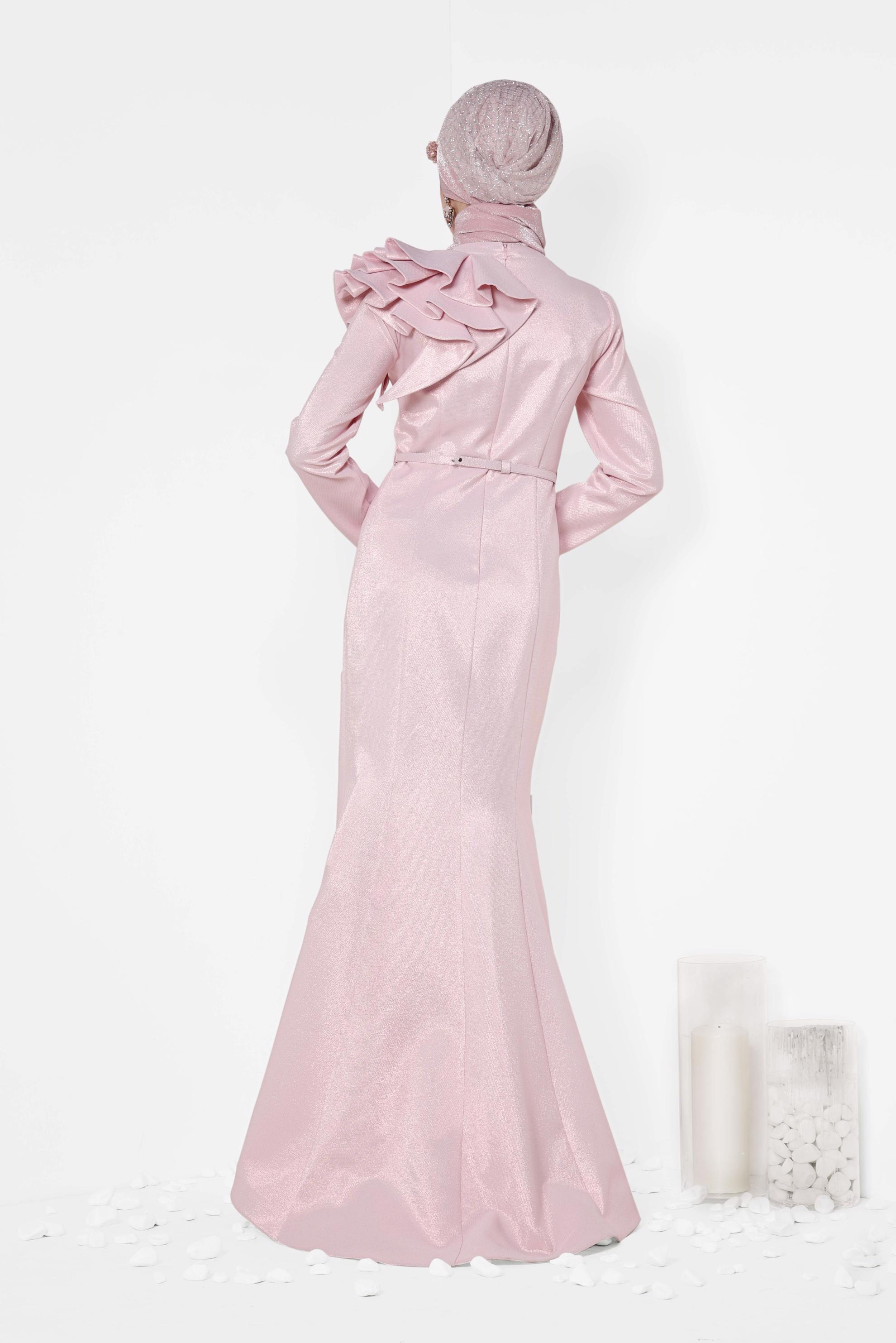 Tesettür giyim PUDRA OMUZ DETAYLI BALIK MODEL ABİYE ELBİSE 5554